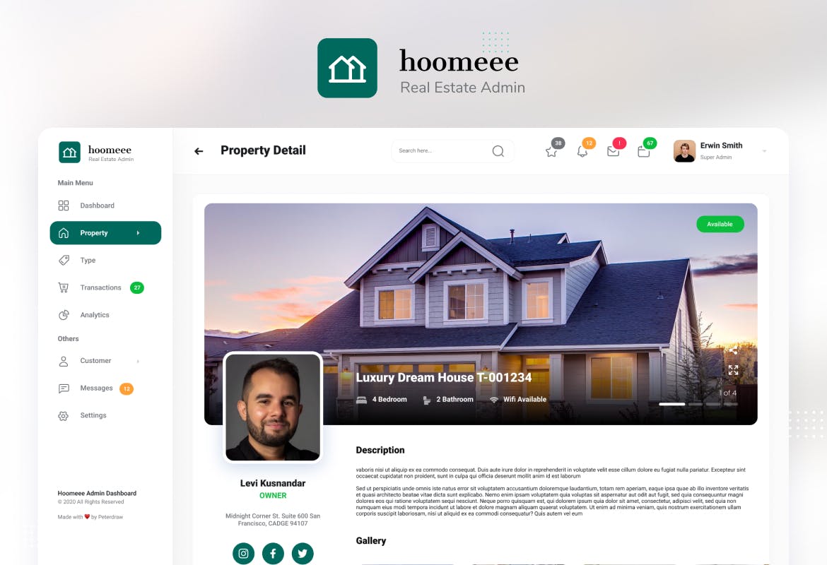 房地产中介后台管理仪表盘UI界面设计套件 Hoomeee - Real Estate Admin Dashboard Template_img_2