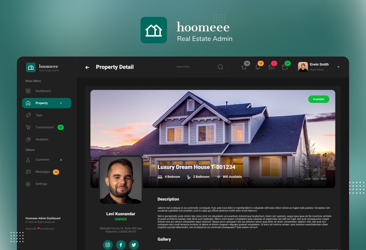 房地产中介后台管理仪表盘UI界面设计套件 Hoomeee - Real Estate Admin Dashboard Template_img_2