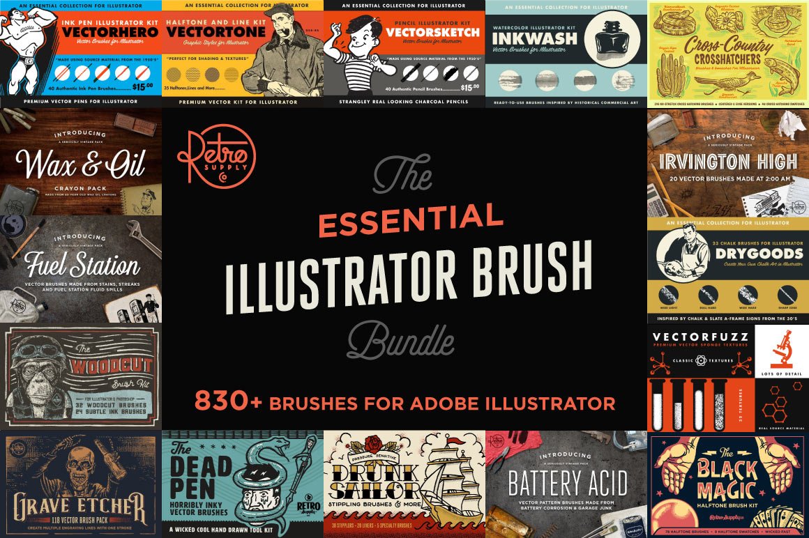 830多种复古水彩半调颗粒线条不规则绘画笔AI矢量笔刷合集 Essential Illustrator Brush Bundle_img_2