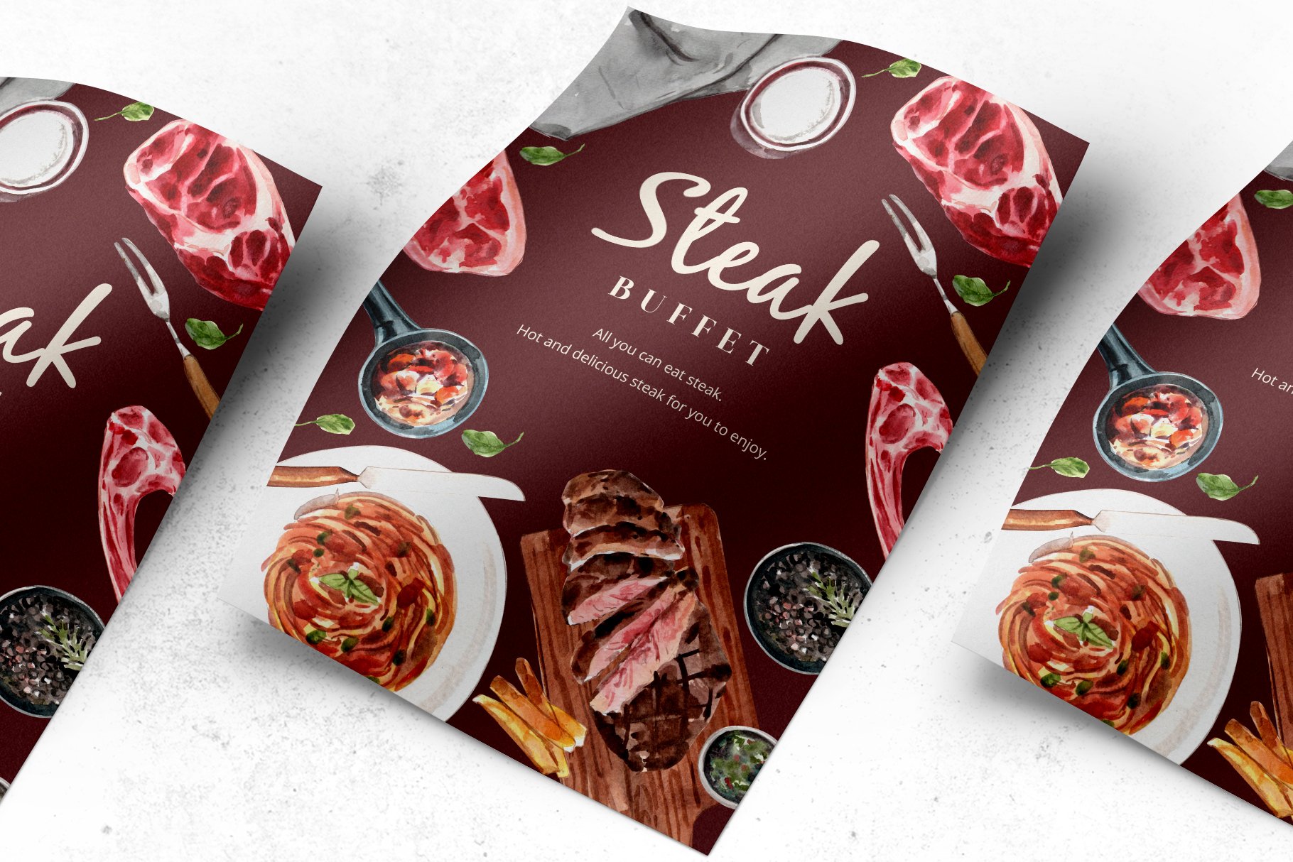 现代时尚西餐牛排美食元素水彩画海报传单Logo设计素材 Steak Food Dinner Watercolor_img_2