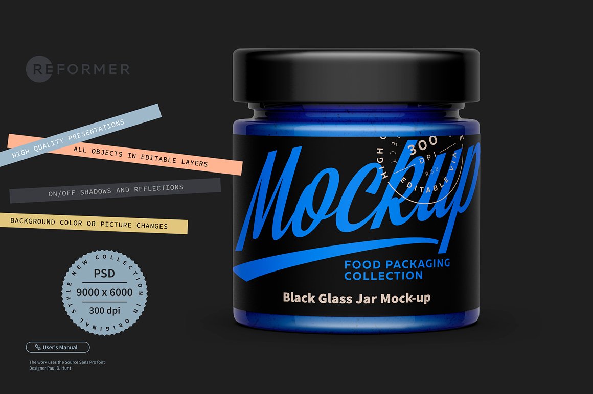 黑色食品玻璃瓶包装罐标签设计PS贴图样机 Black Glass Jar Mockup_img_2