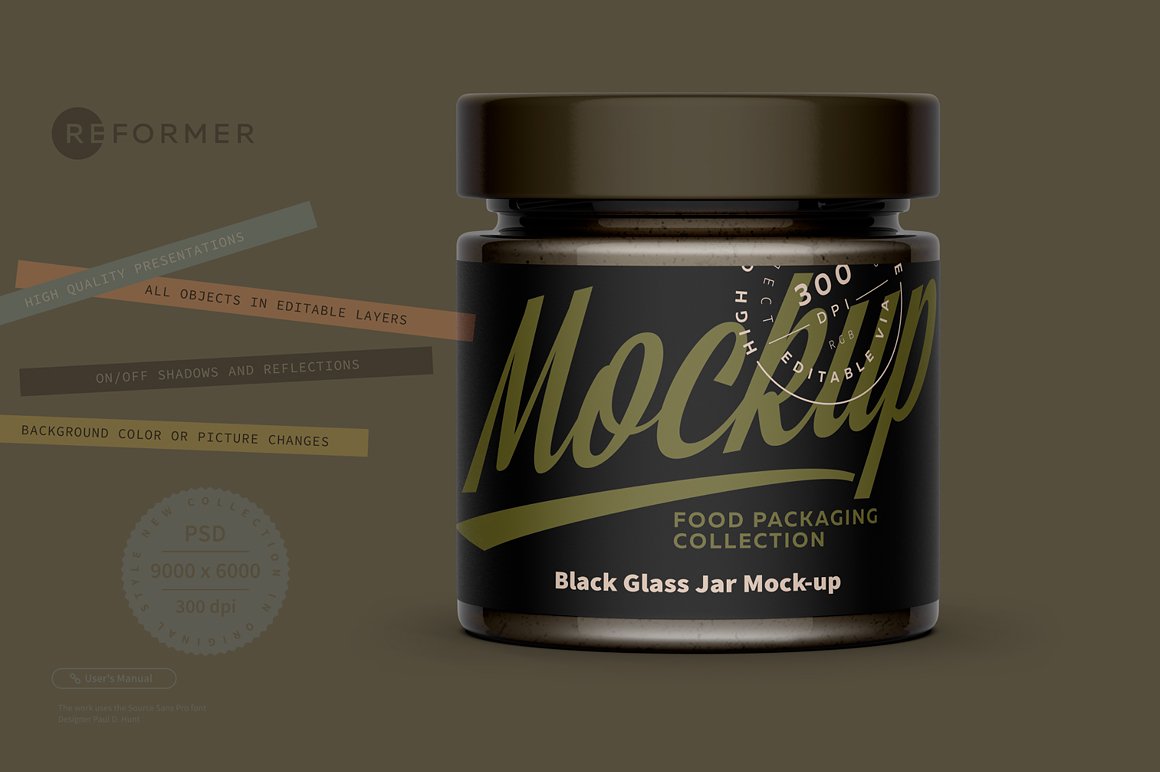 黑色食品玻璃瓶包装罐标签设计PS贴图样机 Black Glass Jar Mockup_img_2