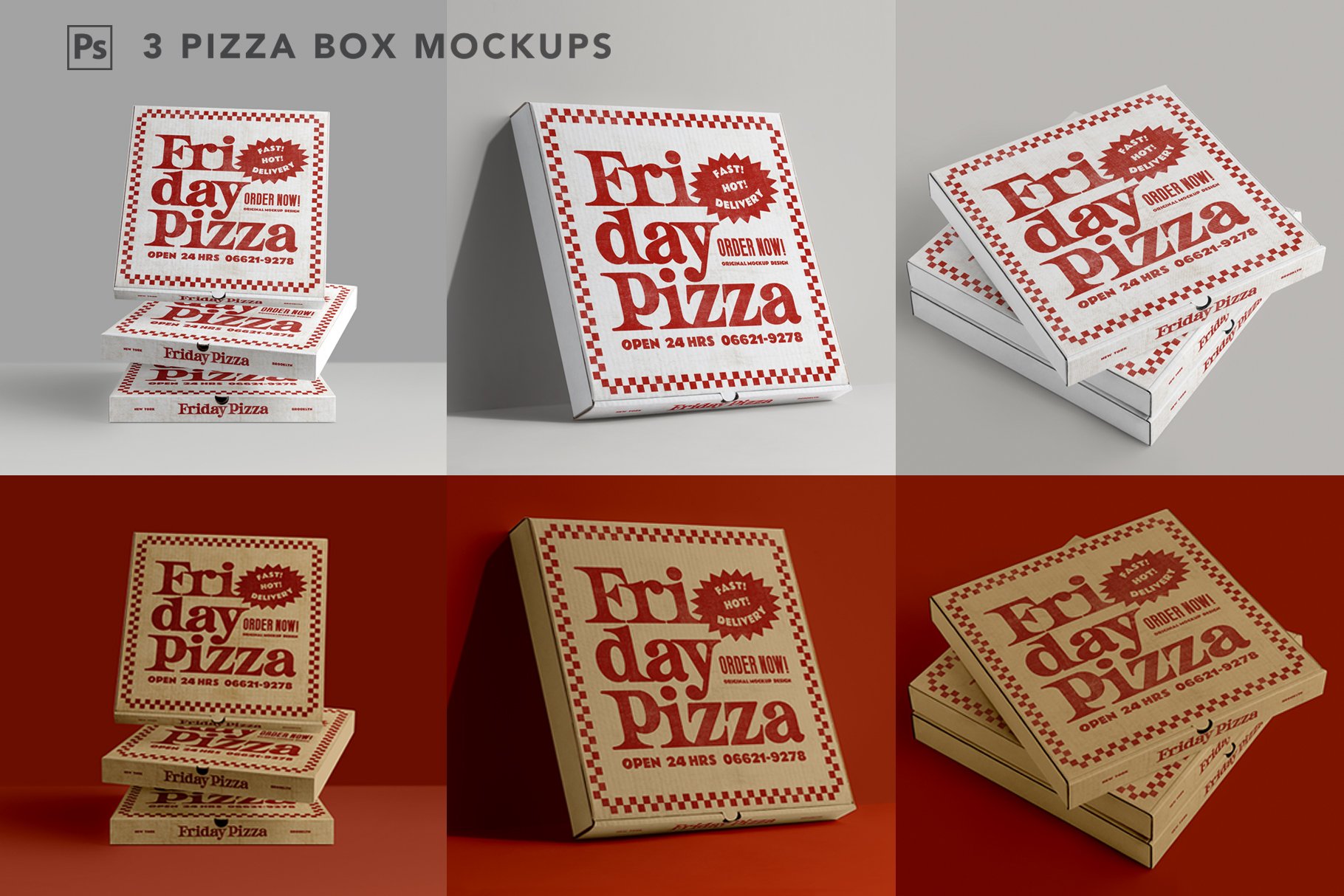 3款比萨外卖包装纸盒设计展示贴图样机 3 Pizza Box Mockup_img_2