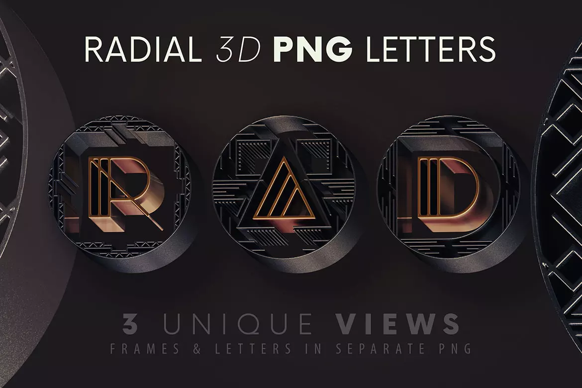 26款创意复古科幻机械金属质感大写字母设计PNG透明图片素材 Artdeco Radial - 3D Lettering_img_2