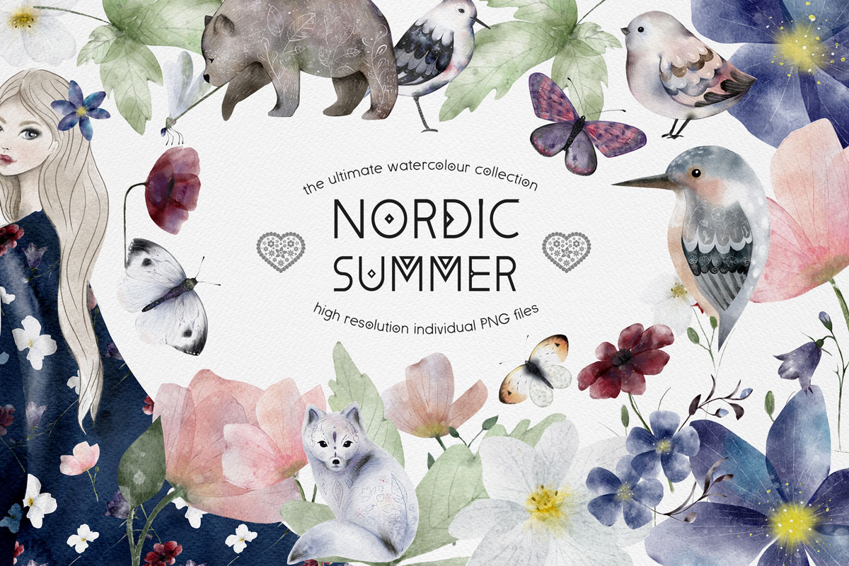 北欧风夏季花卉昆虫鸟类动物女孩手绘水彩画PNG透明图片素材 Nordic Summer Ultimate Collection_img_2