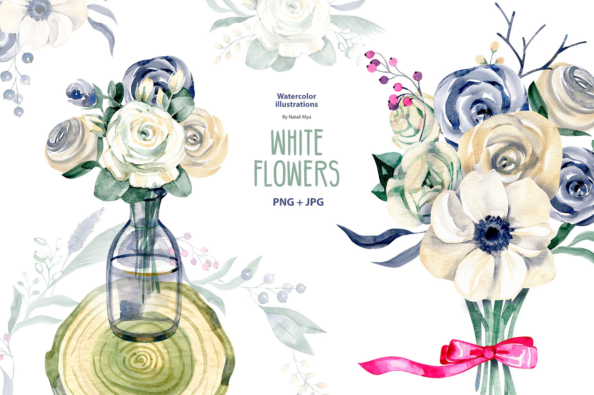 24款绿色系花卉手绘水彩画PNG图片设计素材 Watercolor White Flowers_img_2