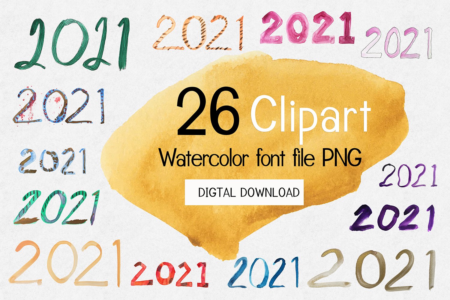 26款2021新年字体设计水彩剪贴画PNG图片设计素材 2021 New Year Clipart Watercolor Font_img_2