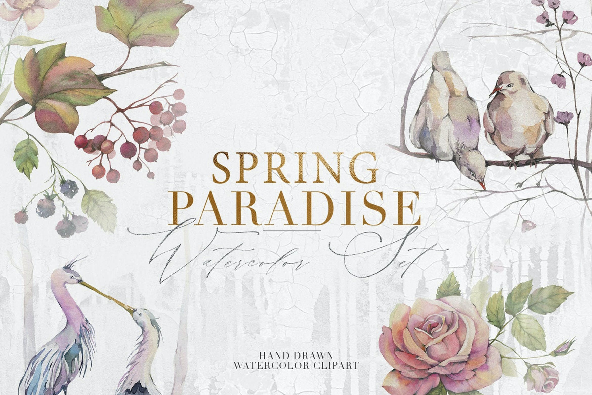 12款春季花卉鸟类手绘水彩画PNG透明图片素材 Spring Paradise Watercolor Clipart Set_img_2