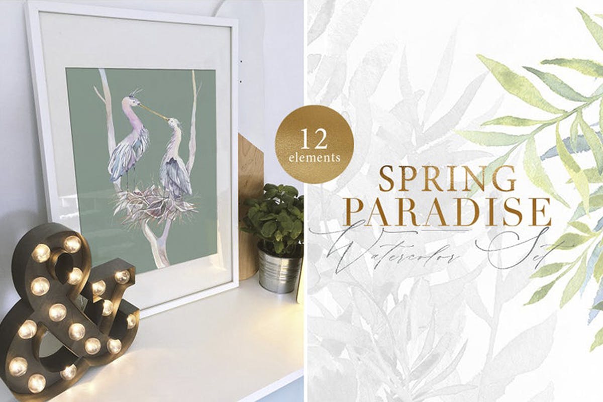 12款春季花卉鸟类手绘水彩画PNG透明图片素材 Spring Paradise Watercolor Clipart Set_img_2