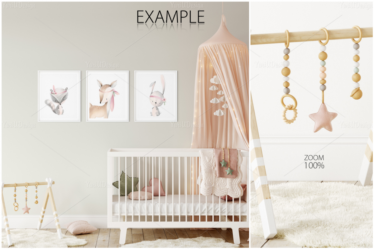 儿童房间挂画框架墙纸设计展示贴图样机合集 Kids Frames & Wall Mockup Pack 6_img_2