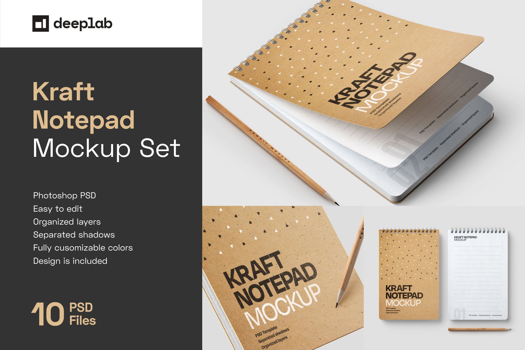 10款新颖卡夫牛皮纸办公记事笔记本设计PSD样机模板合集 Kraft Notepad Mockup Set_img_2