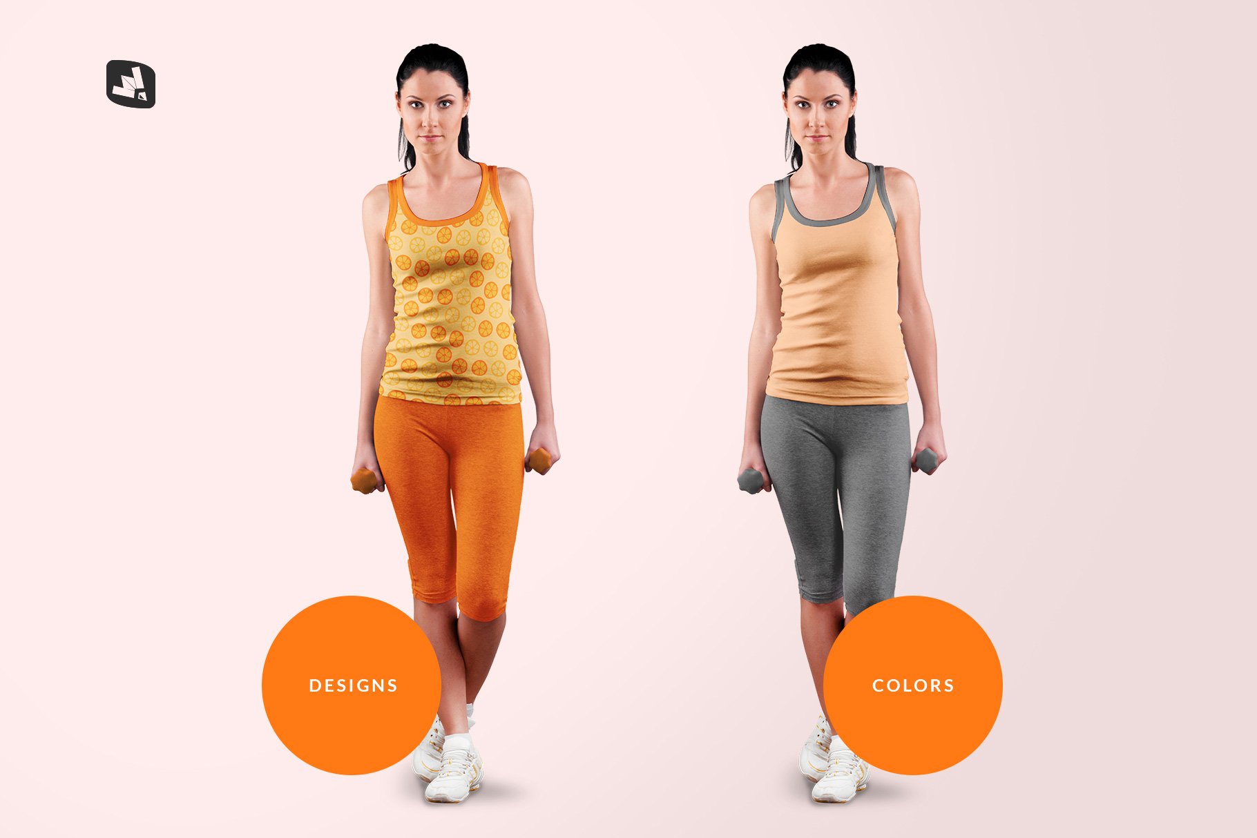 女性无袖健身背心服装套装印花图案设计展示样机模板 Female Sleeveless Gym Outfit Mockup_img_2