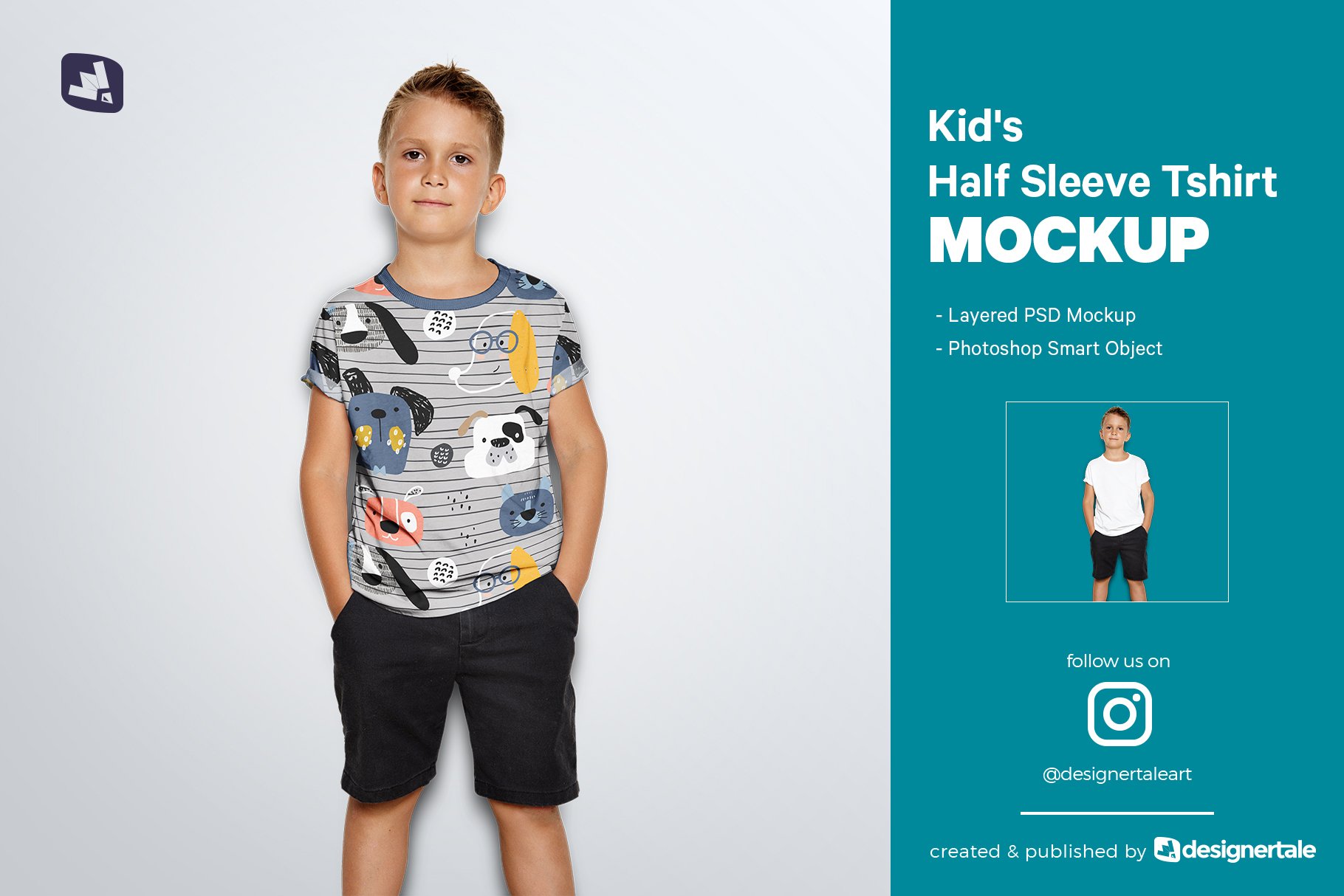 可爱儿童半袖T恤衫印花图案设计贴图样机 Kids Half Sleeve Tshirt Mockup_img_2