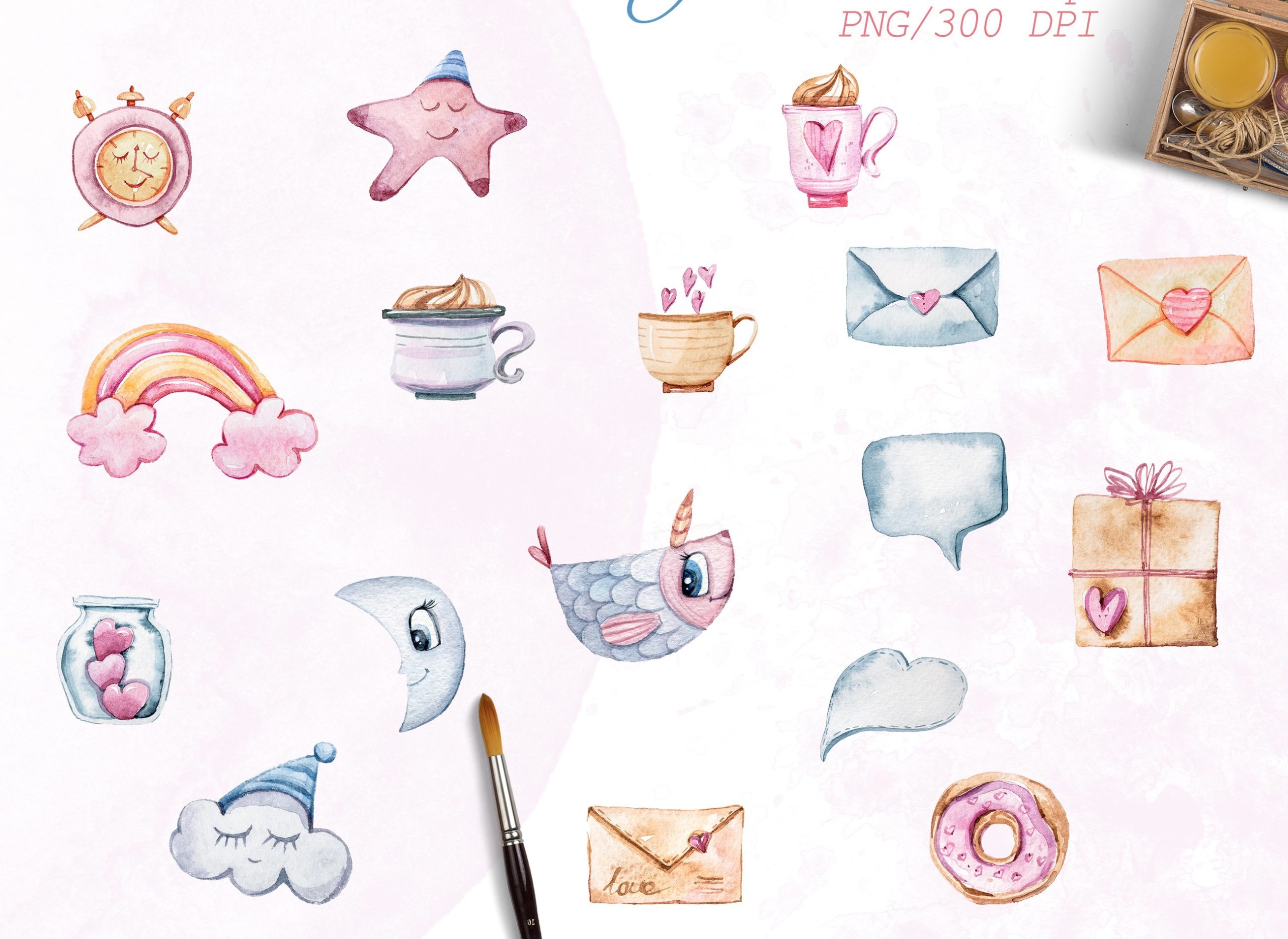 34款可爱独角兽手绘水彩画PNG图片设计素材 Watercolor Nursery Valentine Clipart_img_2