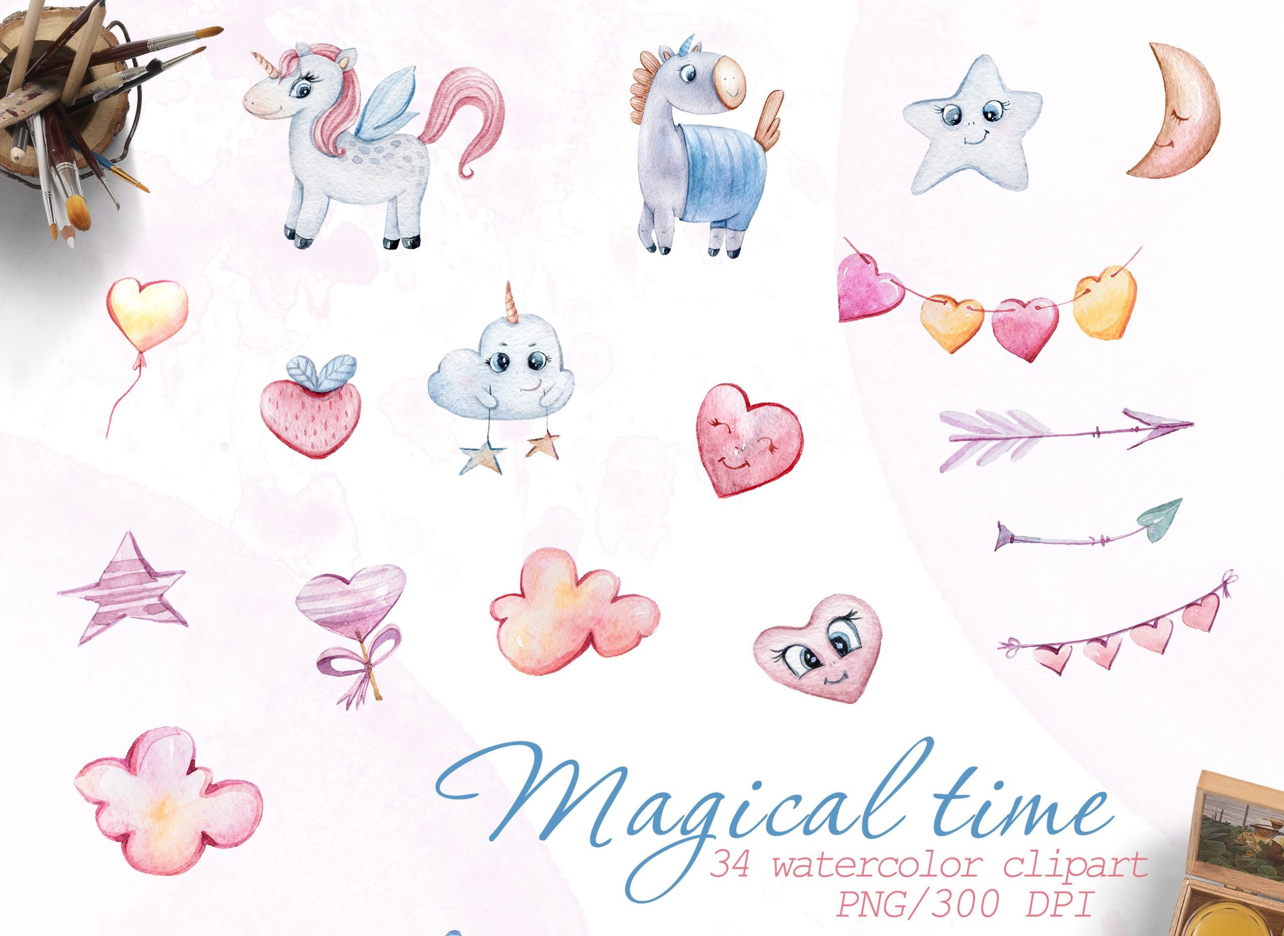 34款可爱独角兽手绘水彩画PNG图片设计素材 Watercolor Nursery Valentine Clipart_img_2