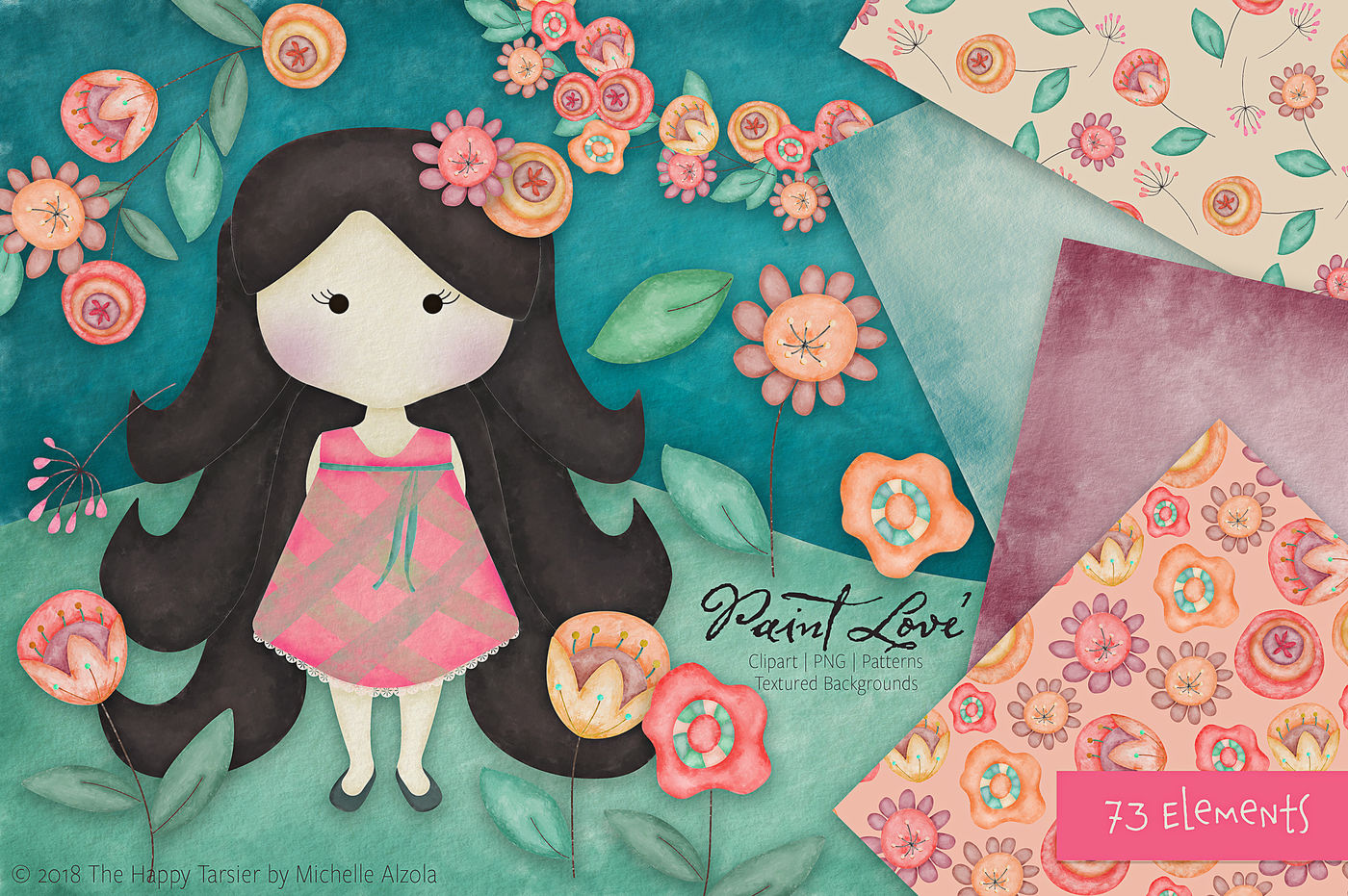 情人节主题花卉女孩手绘水彩剪贴画PNG免抠图片设计素材 Paint Love Clipart, Textures & Patterns_img_2