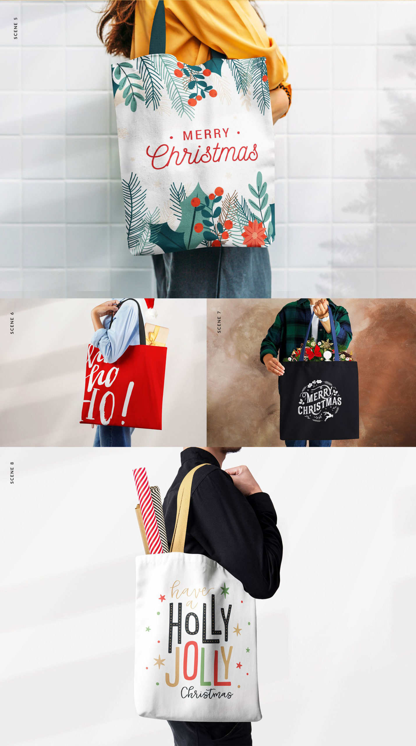 多角度圣诞节主题无纺帆布袋印花图案设计展示贴图样机 Xmas Tote Bag Mockups_img_2