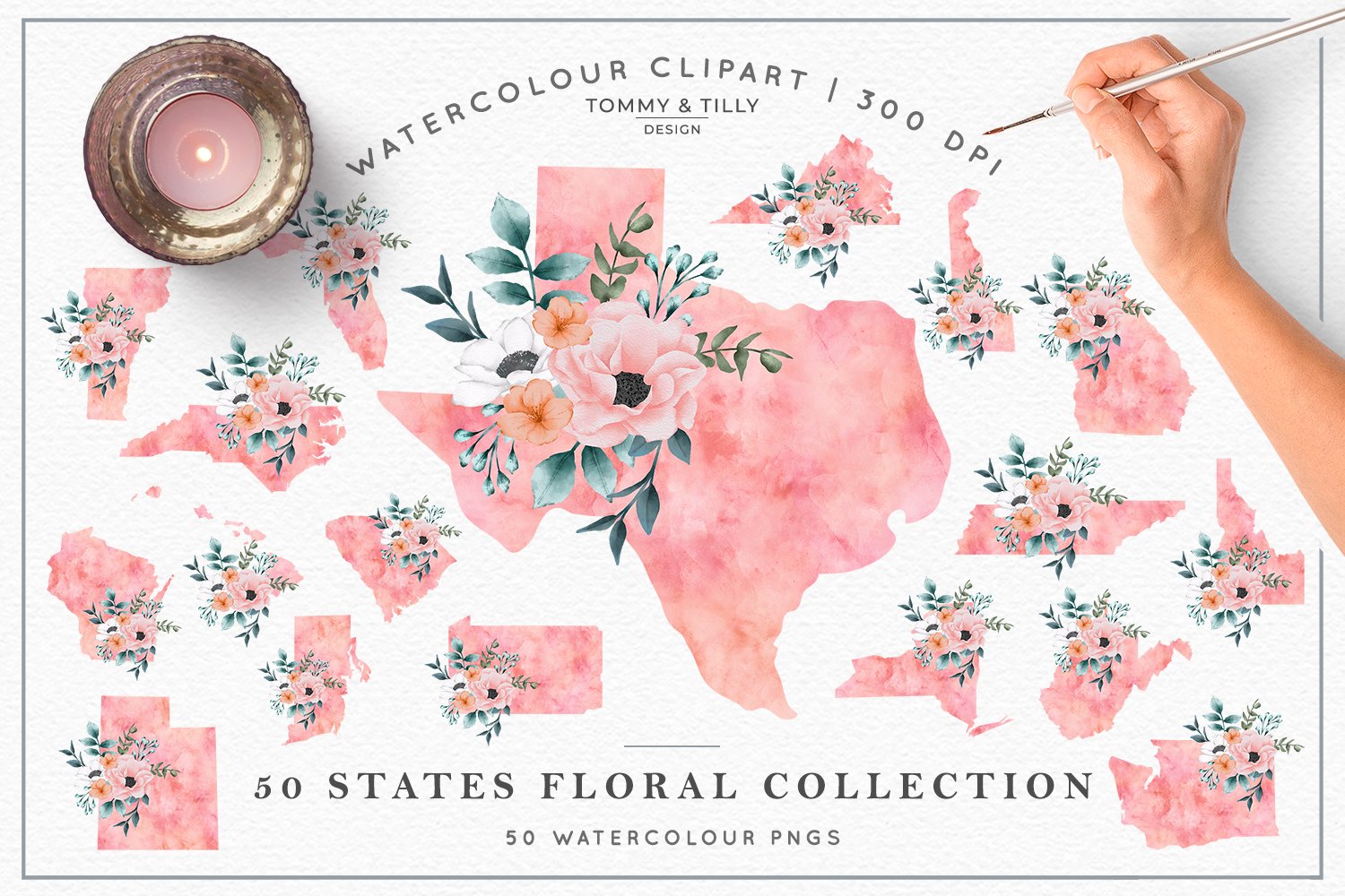 50个美国州形状手绘水彩剪贴画PNG图片设计素材 Watercolour 50 States Clipart PNG Collection_img_2