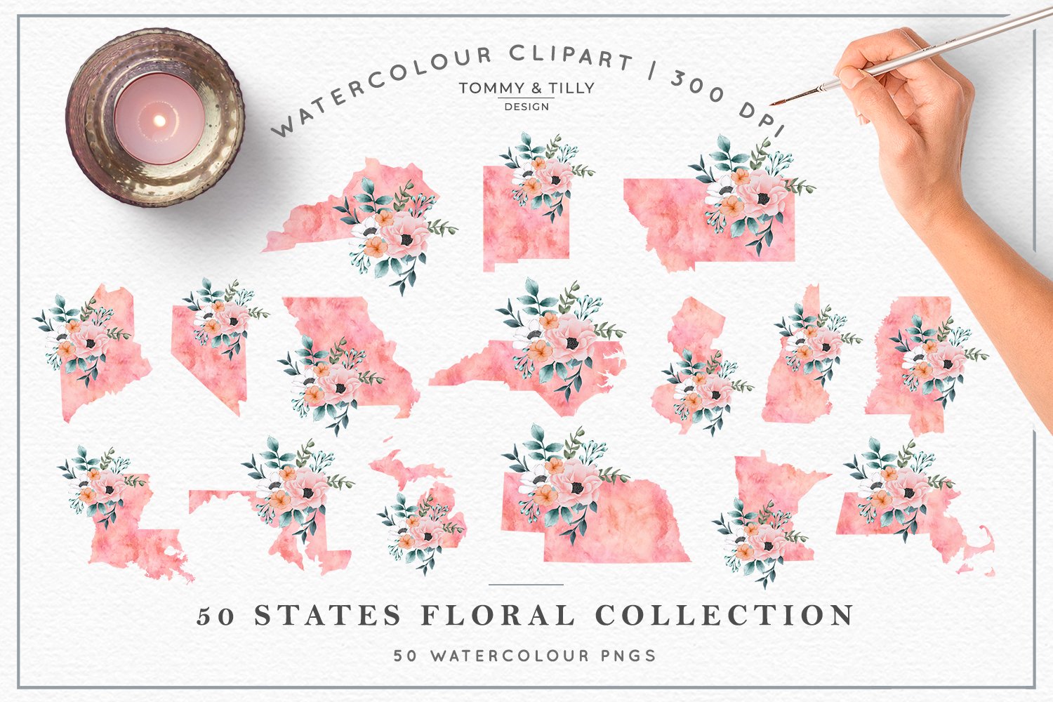 50个美国州形状手绘水彩剪贴画PNG图片设计素材 Watercolour 50 States Clipart PNG Collection_img_2