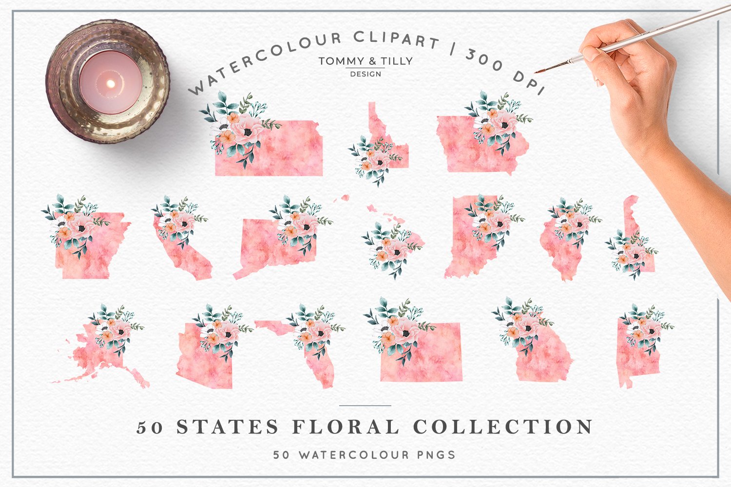 50个美国州形状手绘水彩剪贴画PNG图片设计素材 Watercolour 50 States Clipart PNG Collection_img_2