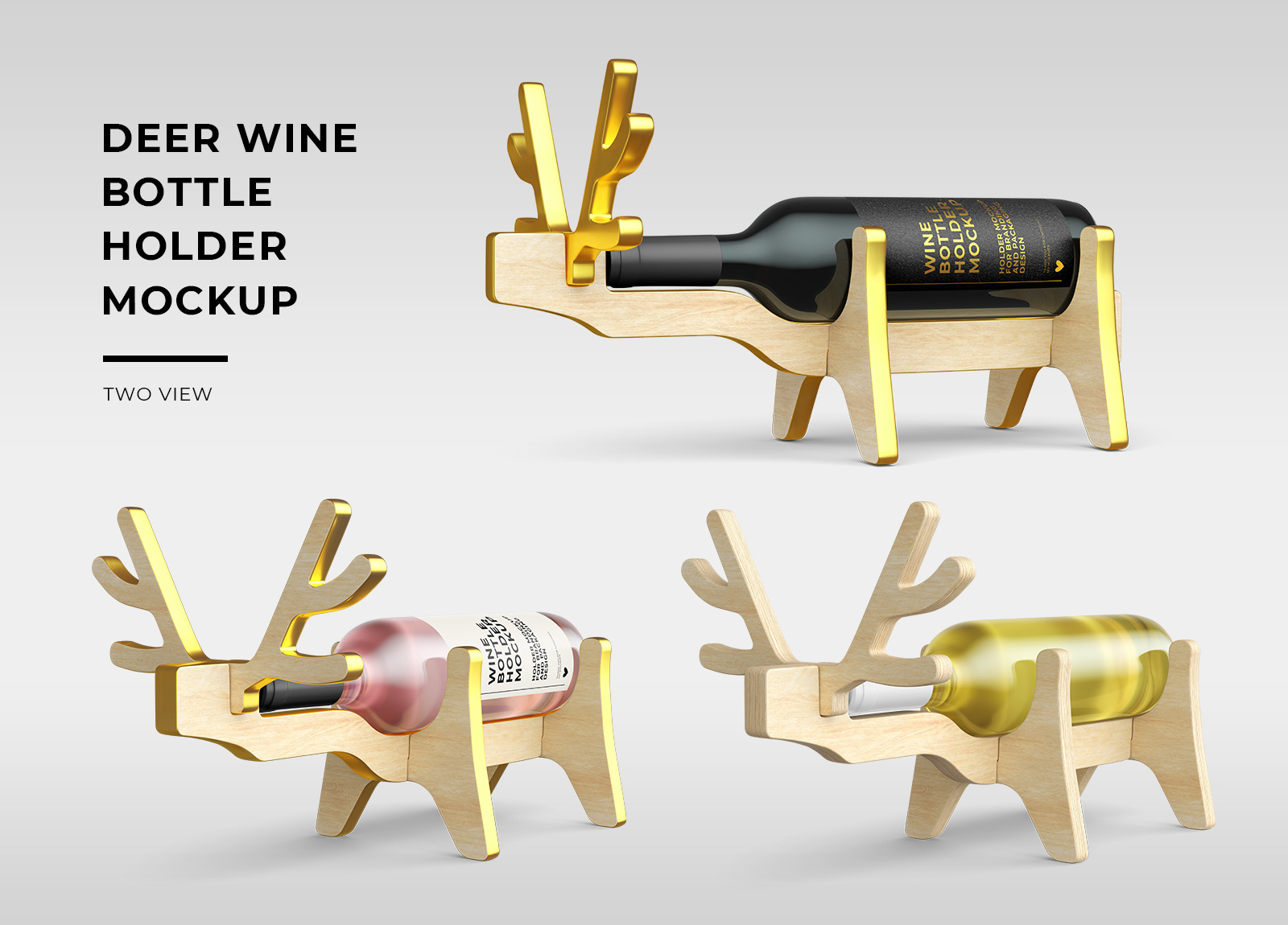 带鹿角形酒架红酒瓶标签设计展示贴图样机模板 Deer Wine Bottle Holder Mockups - Two Views_img_2