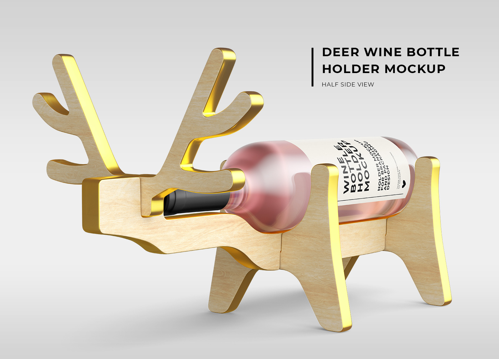 带鹿角形酒架红酒瓶标签设计展示贴图样机模板 Deer Wine Bottle Holder Mockups - Two Views_img_2