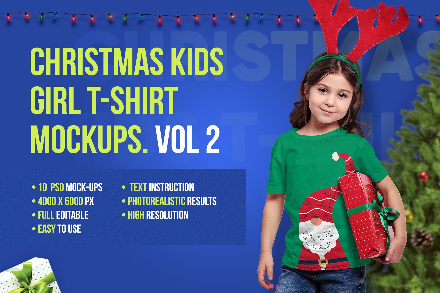 10款圣诞节主题儿童女孩T恤半袖衫设计贴图样机 Christmas Kids Girl T-Shirt Mockups_img_2