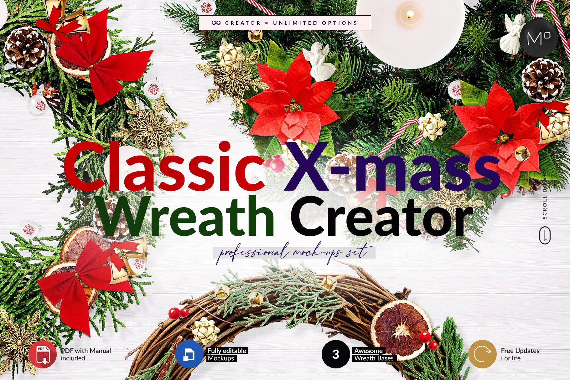 时尚圣诞节主题花圈树枝元素装饰图案PS样机模板素材 3x Christmass Wreath Creator Mockup_img_2