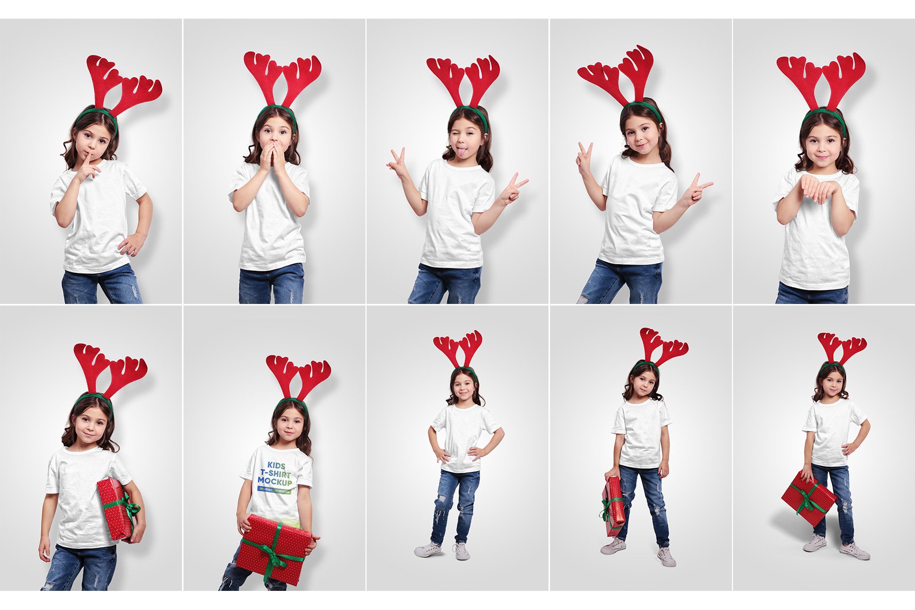 10款圣诞节主题儿童女孩T恤半袖衫设计贴图样机 Christmas Kids Girl T-Shirt Mockups_img_2