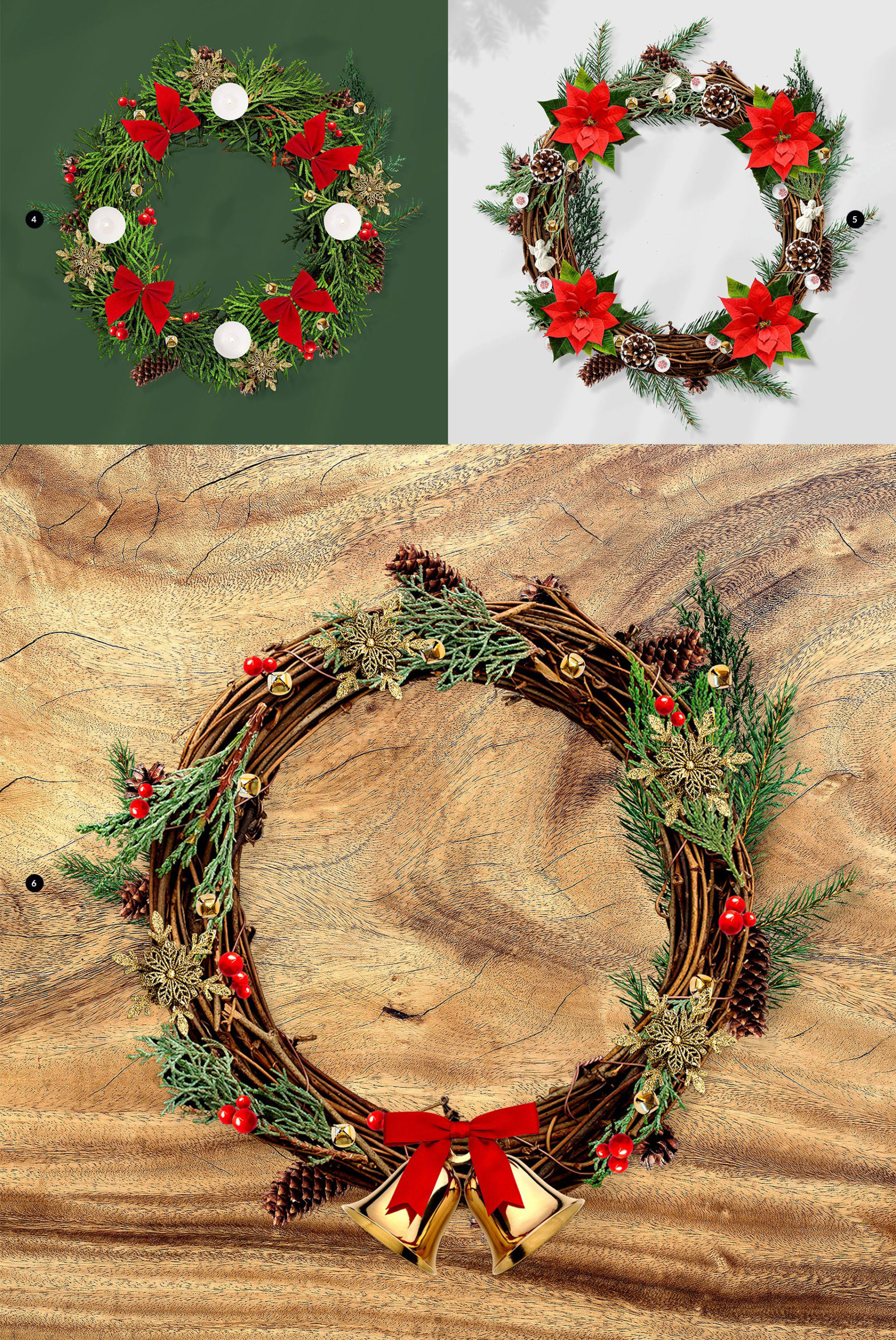 时尚圣诞节主题花圈树枝元素装饰图案PS样机模板素材 3x Christmass Wreath Creator Mockup_img_2