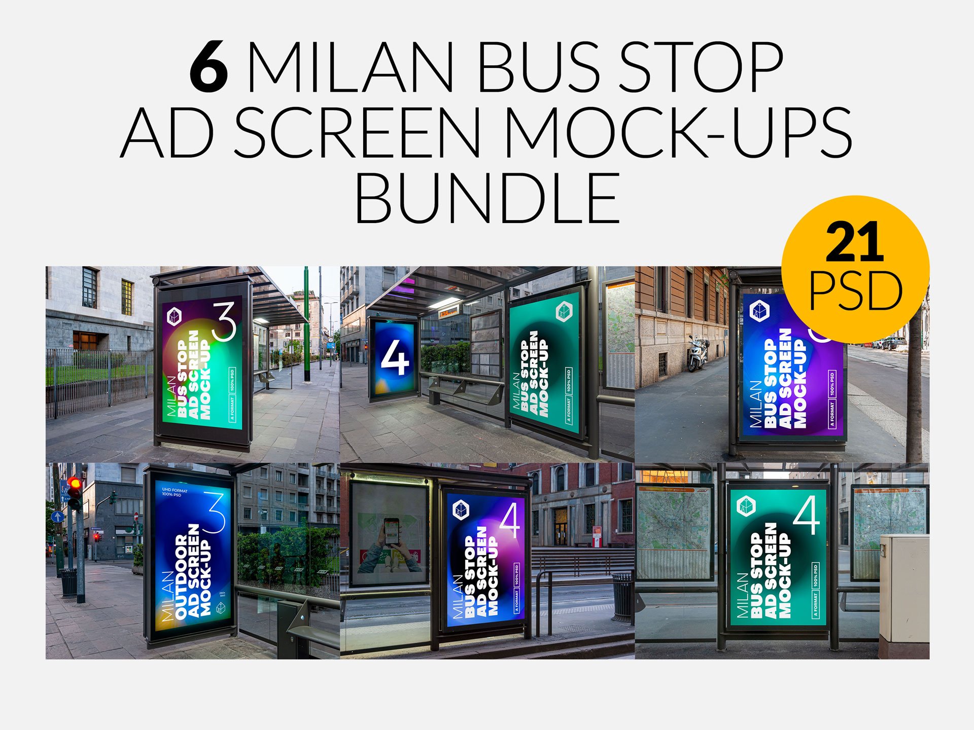 21个城市车站广告牌灯箱设计展示贴图样机模板合集 Milan BusStop Ad Screen Mockups Set_img_2