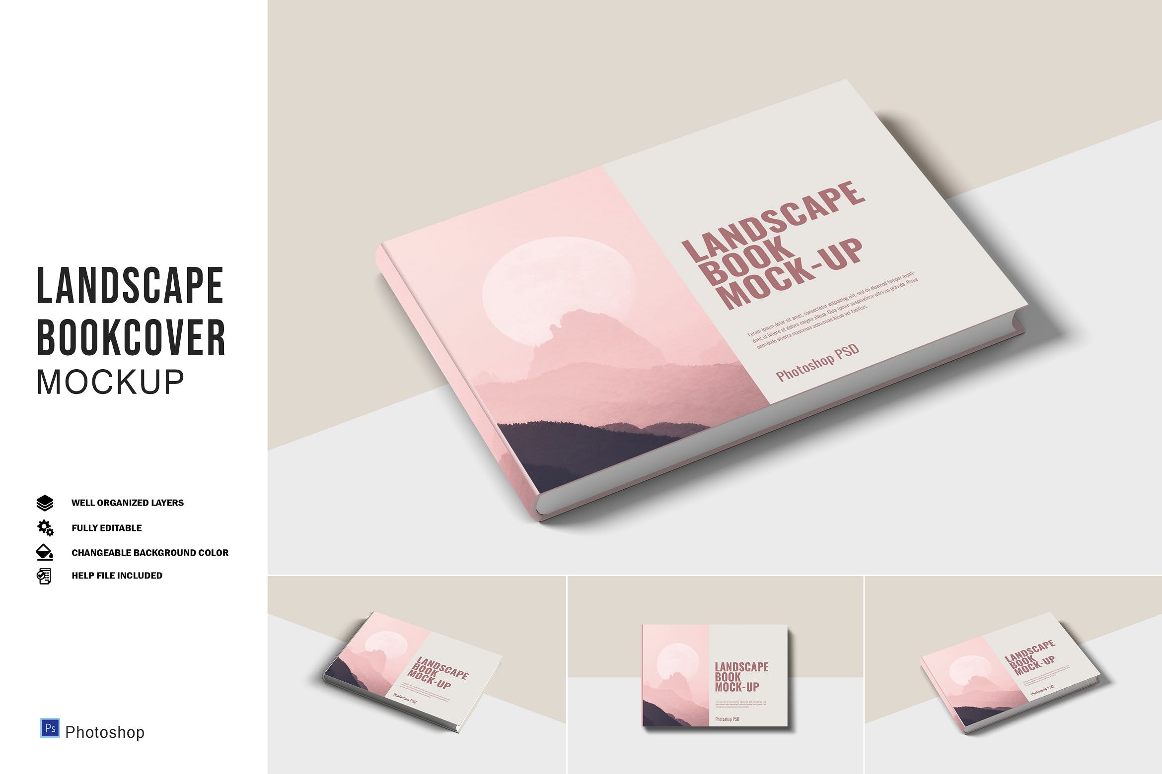 3款横版精装书画册设计展示贴图样机模板 Landscape Bookcover Mockups_img_2