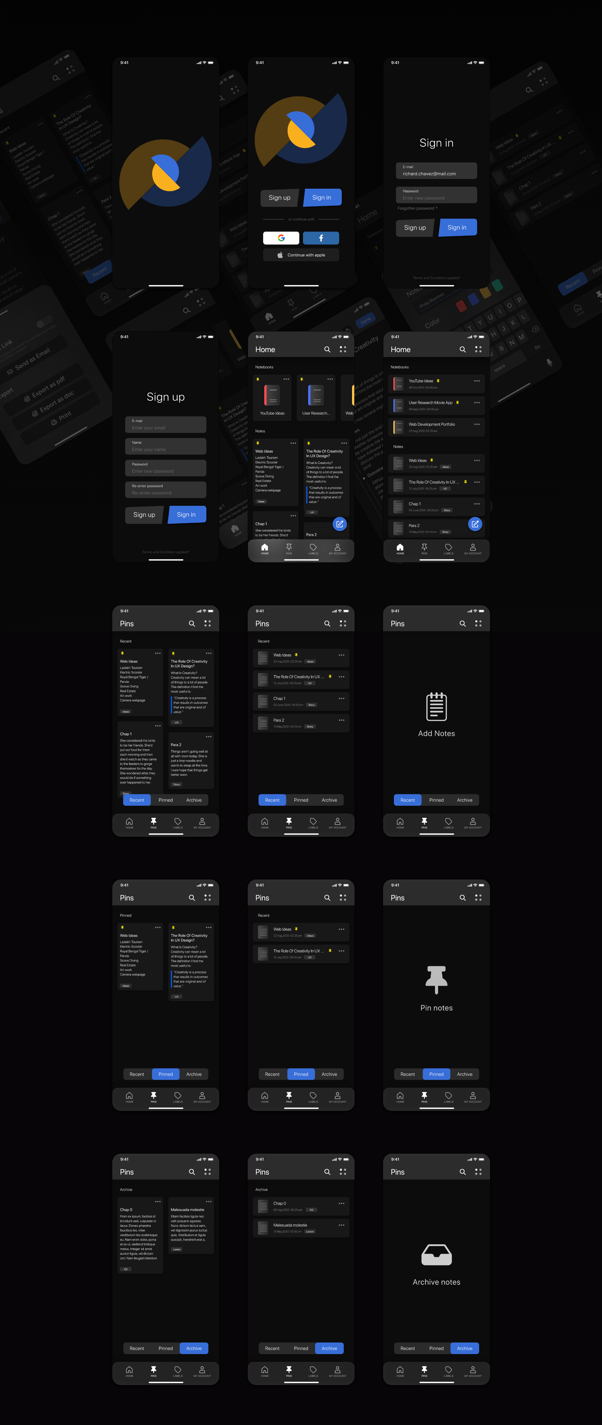 暗黑笔记记事本应用程序APP界面设计UI套件素材 Notes.io Notes Taking App UI Kit Dark Mode_img_2