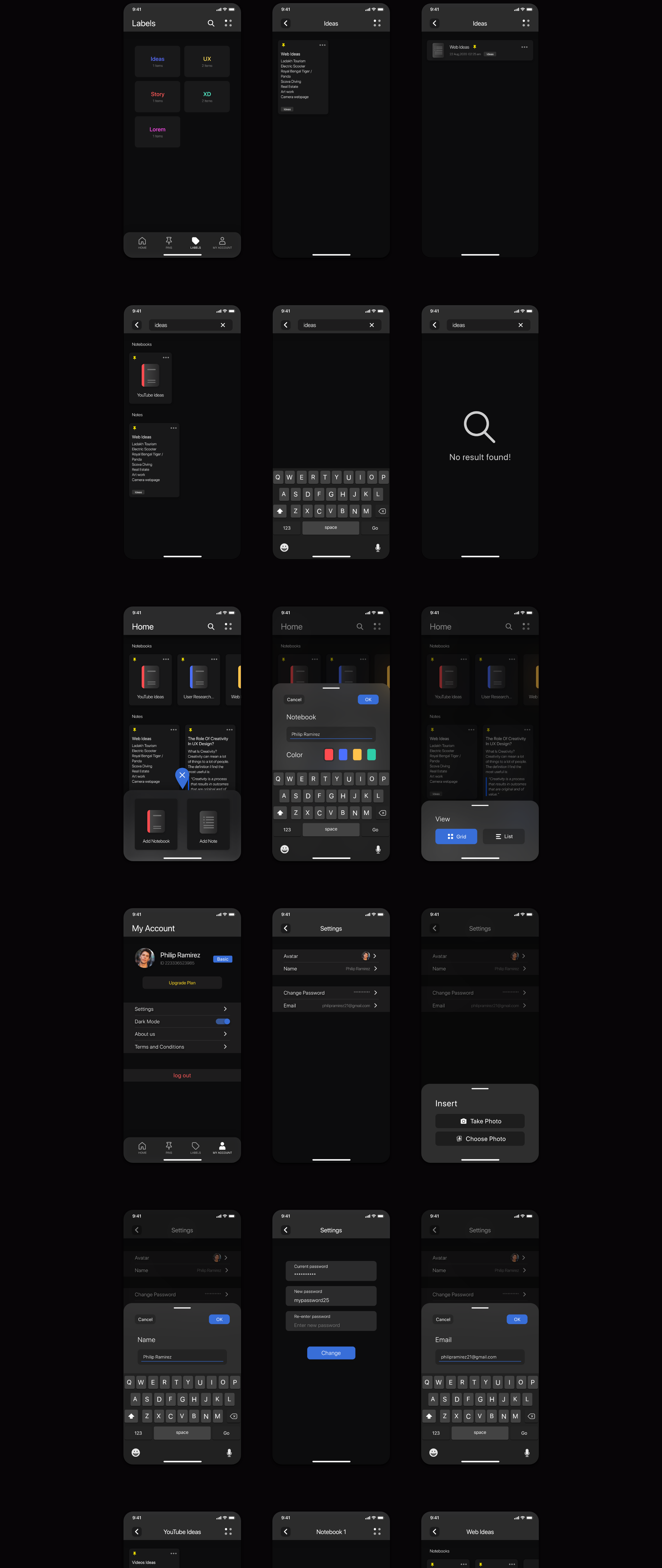 暗黑笔记记事本应用程序APP界面设计UI套件素材 Notes.io Notes Taking App UI Kit Dark Mode_img_2