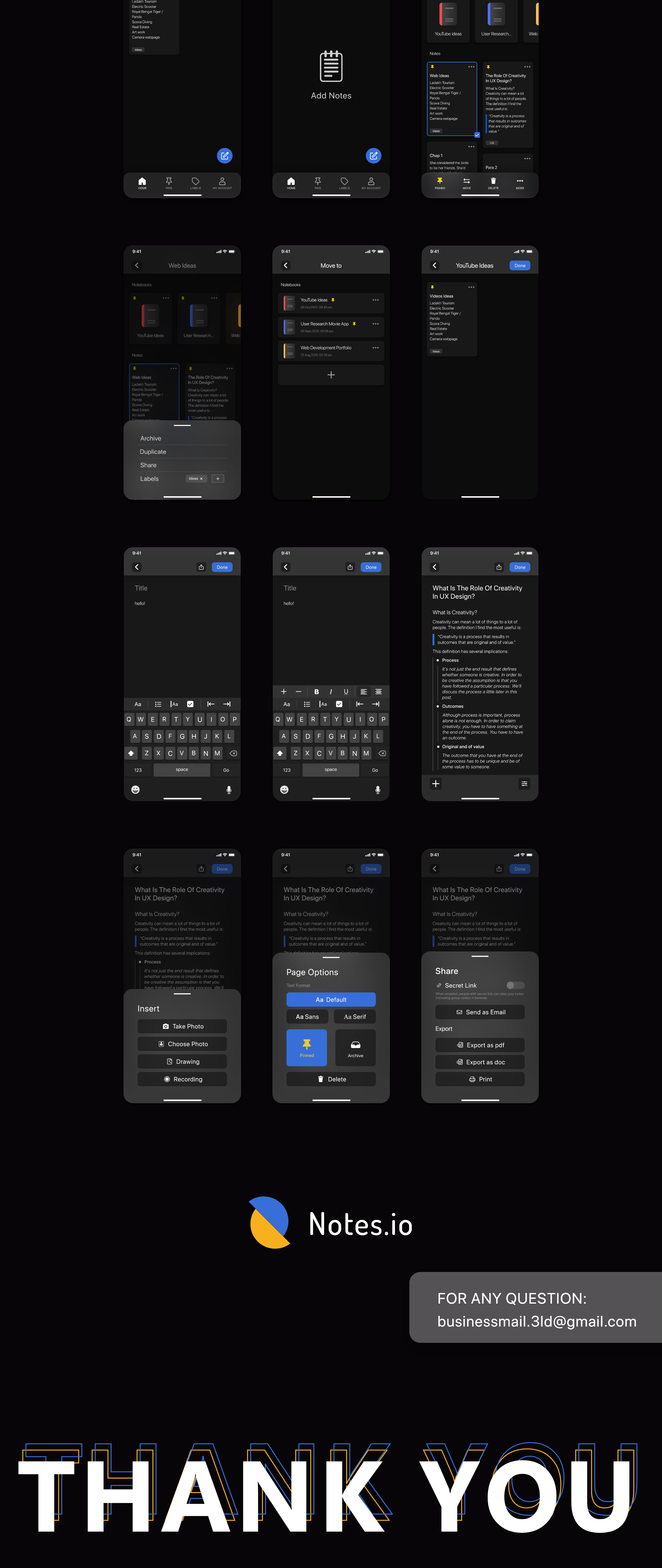 暗黑笔记记事本应用程序APP界面设计UI套件素材 Notes.io Notes Taking App UI Kit Dark Mode_img_2