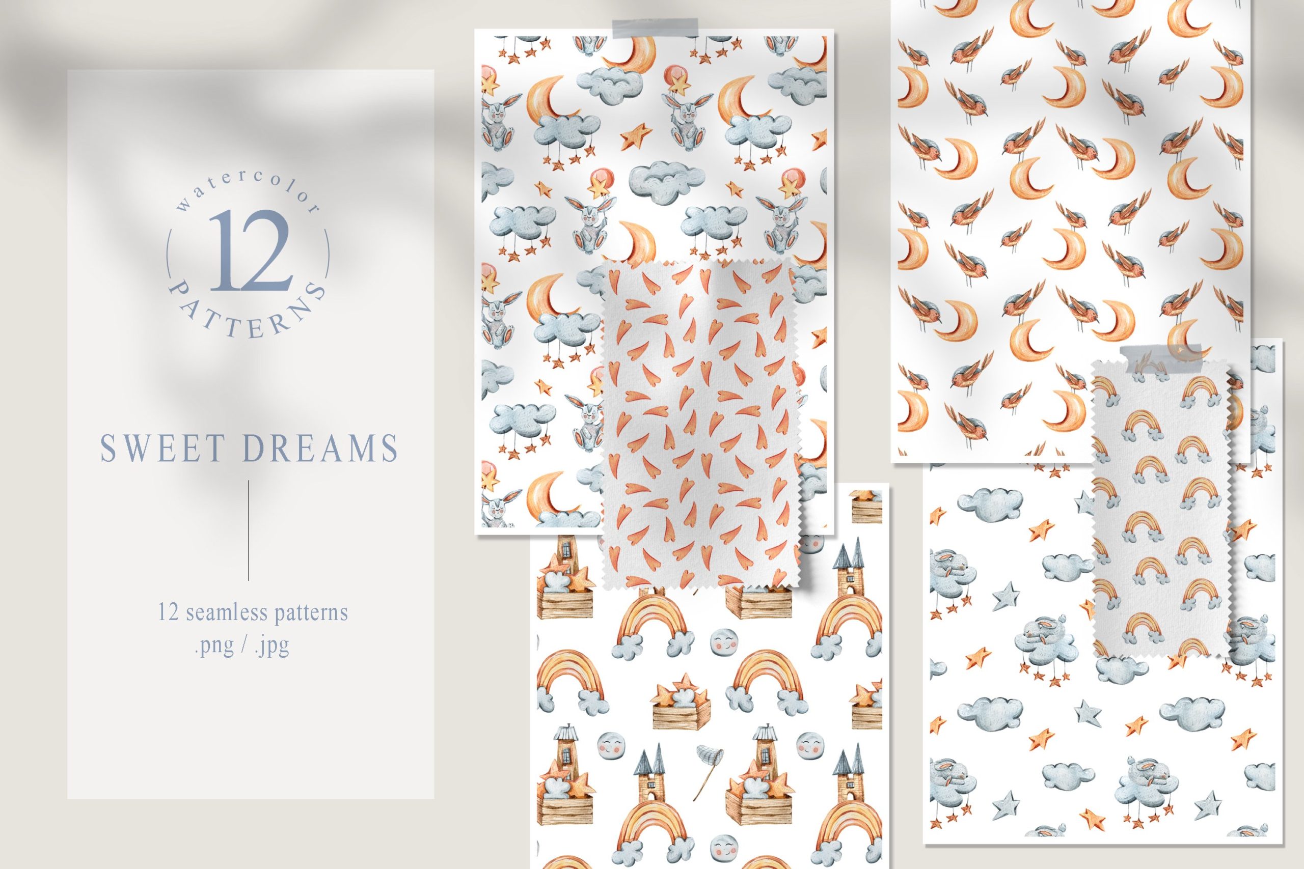 12款可爱兔子手绘水彩画无缝隙图案图片素材 12 Watercolor Bunny Seamless Patterns_img_2