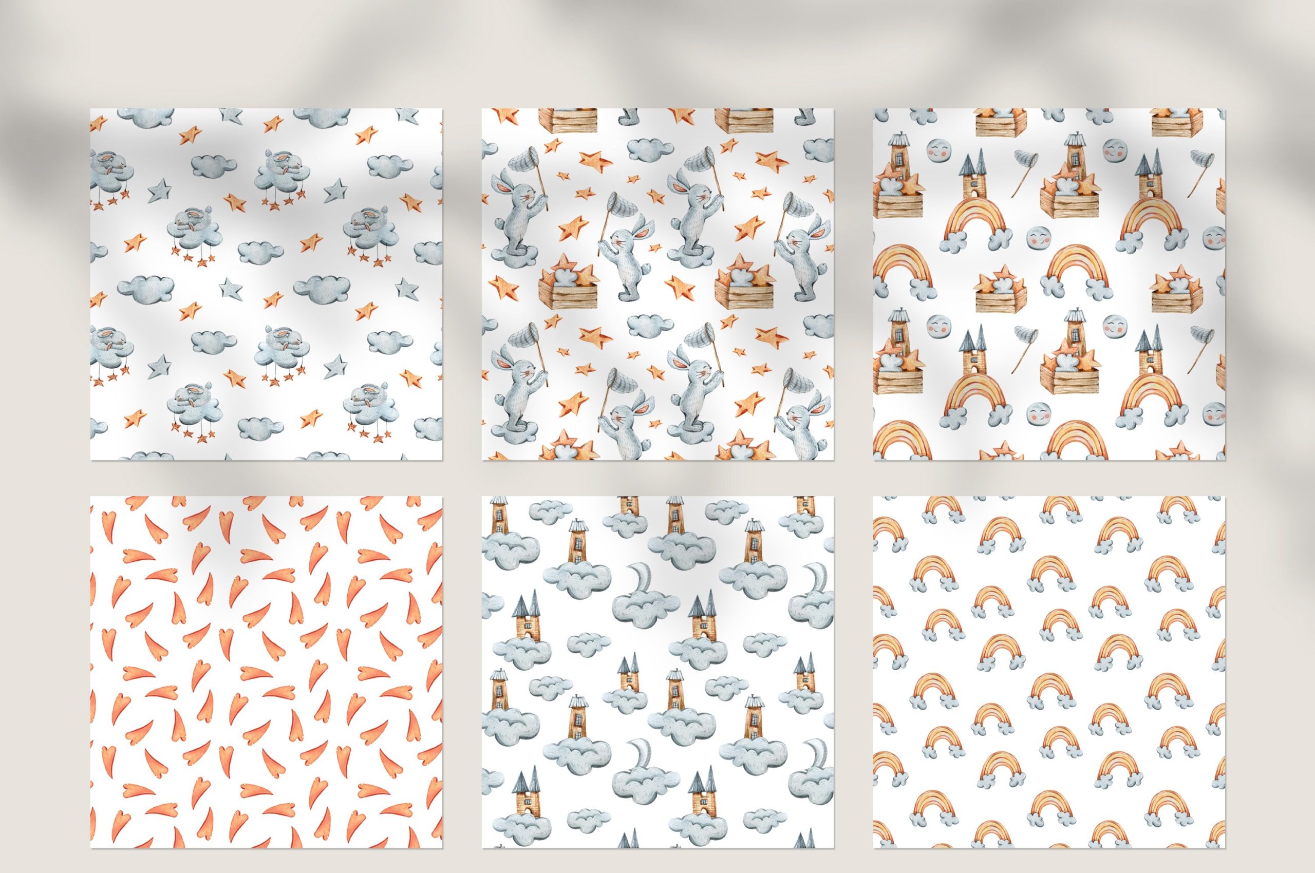 12款可爱兔子手绘水彩画无缝隙图案图片素材 12 Watercolor Bunny Seamless Patterns_img_2