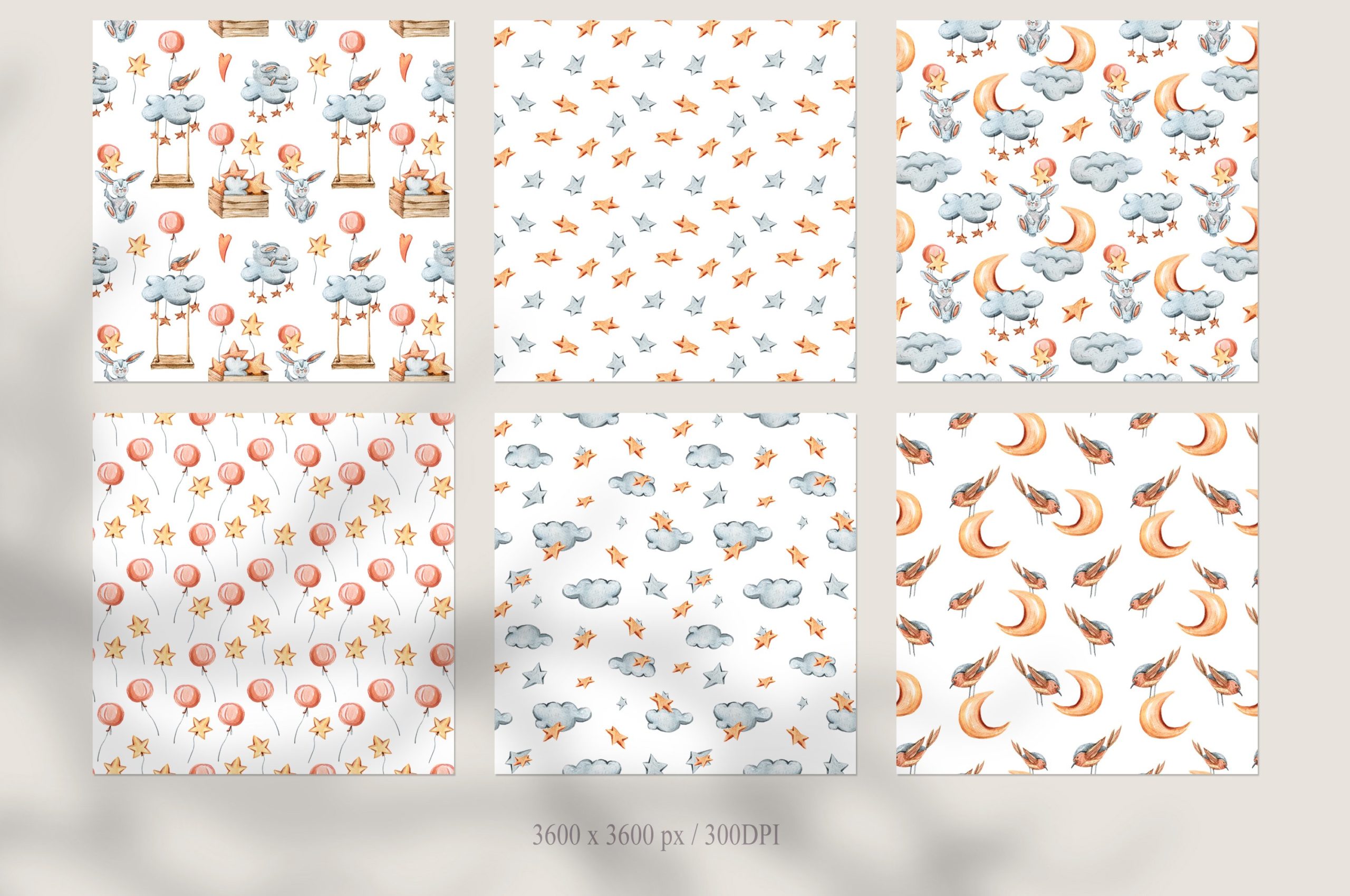 12款可爱兔子手绘水彩画无缝隙图案图片素材 12 Watercolor Bunny Seamless Patterns_img_2