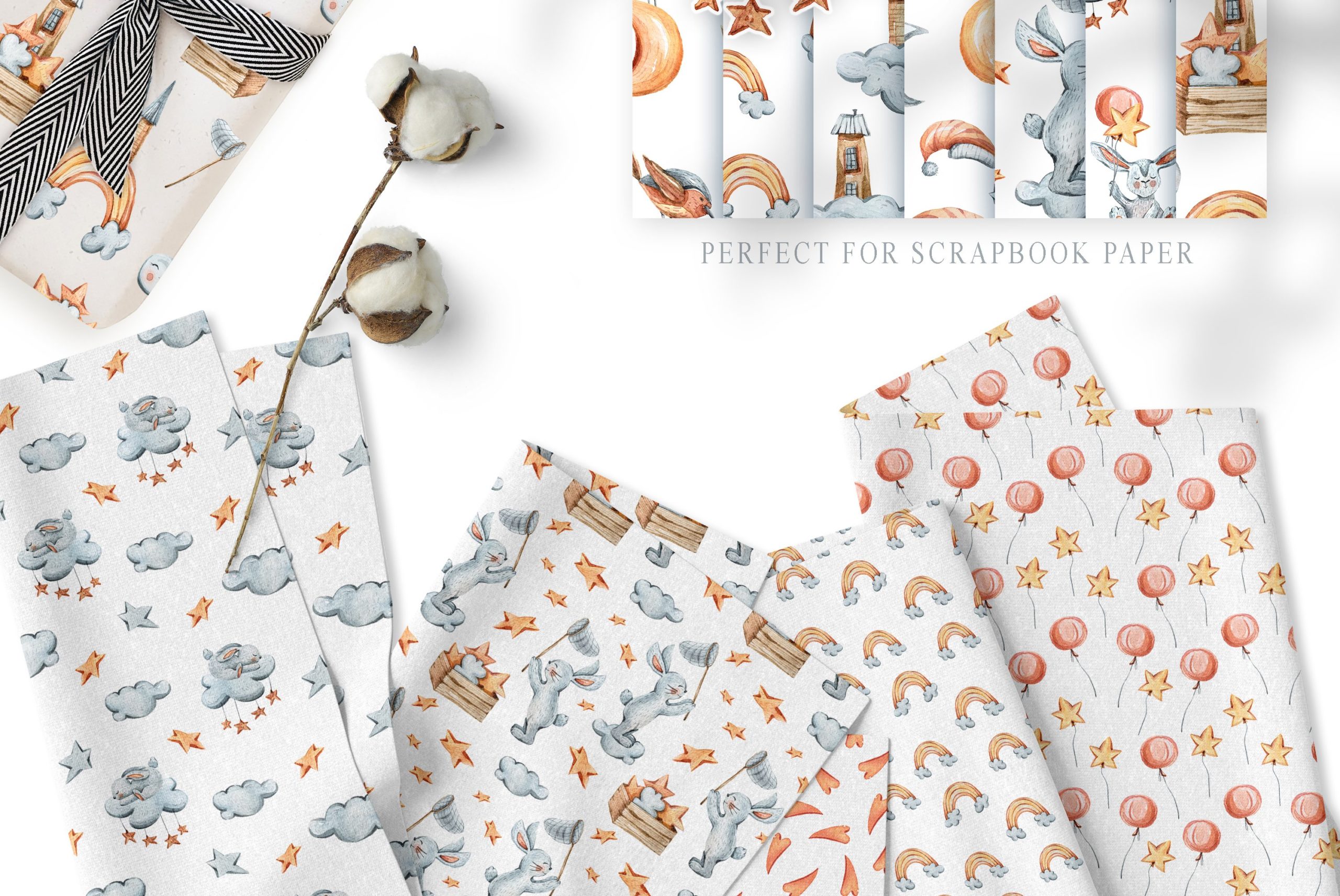 12款可爱兔子手绘水彩画无缝隙图案图片素材 12 Watercolor Bunny Seamless Patterns_img_2