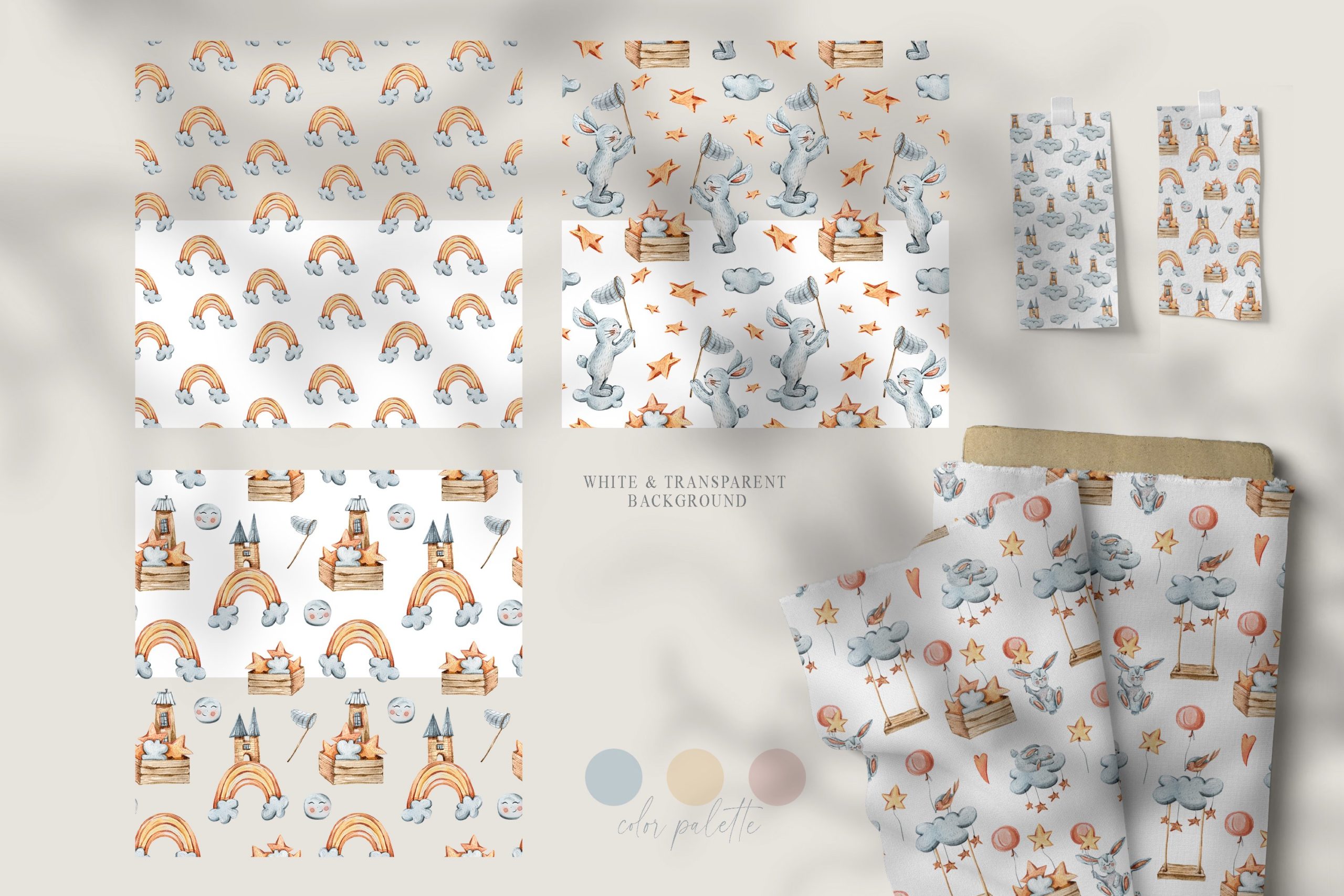 12款可爱兔子手绘水彩画无缝隙图案图片素材 12 Watercolor Bunny Seamless Patterns_img_2