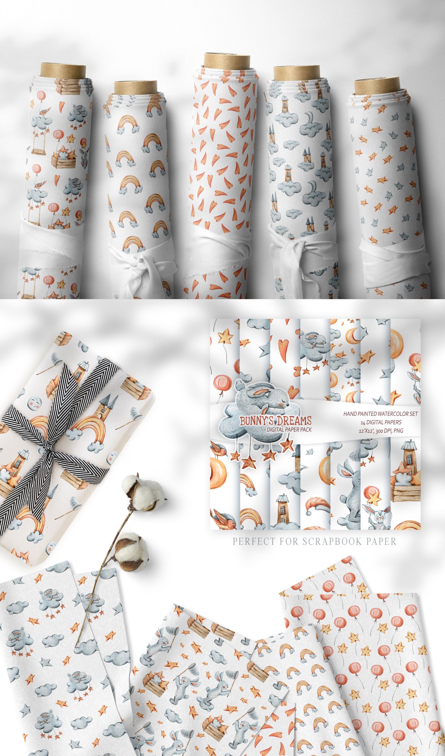 12款可爱兔子手绘水彩画无缝隙图案图片素材 12 Watercolor Bunny Seamless Patterns_img_2