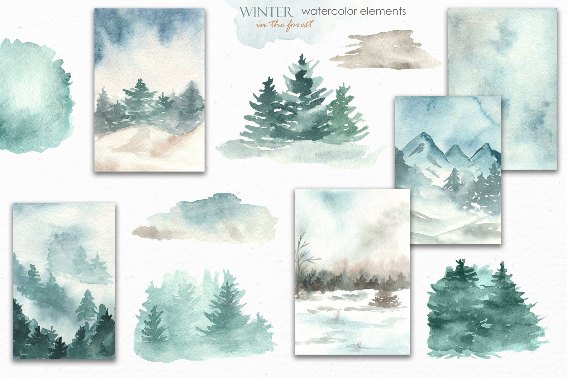 圣诞节主题冬季森林动物树木房屋手绘水彩画PS设计素材 Winter In The Forest Watercolor_img_2