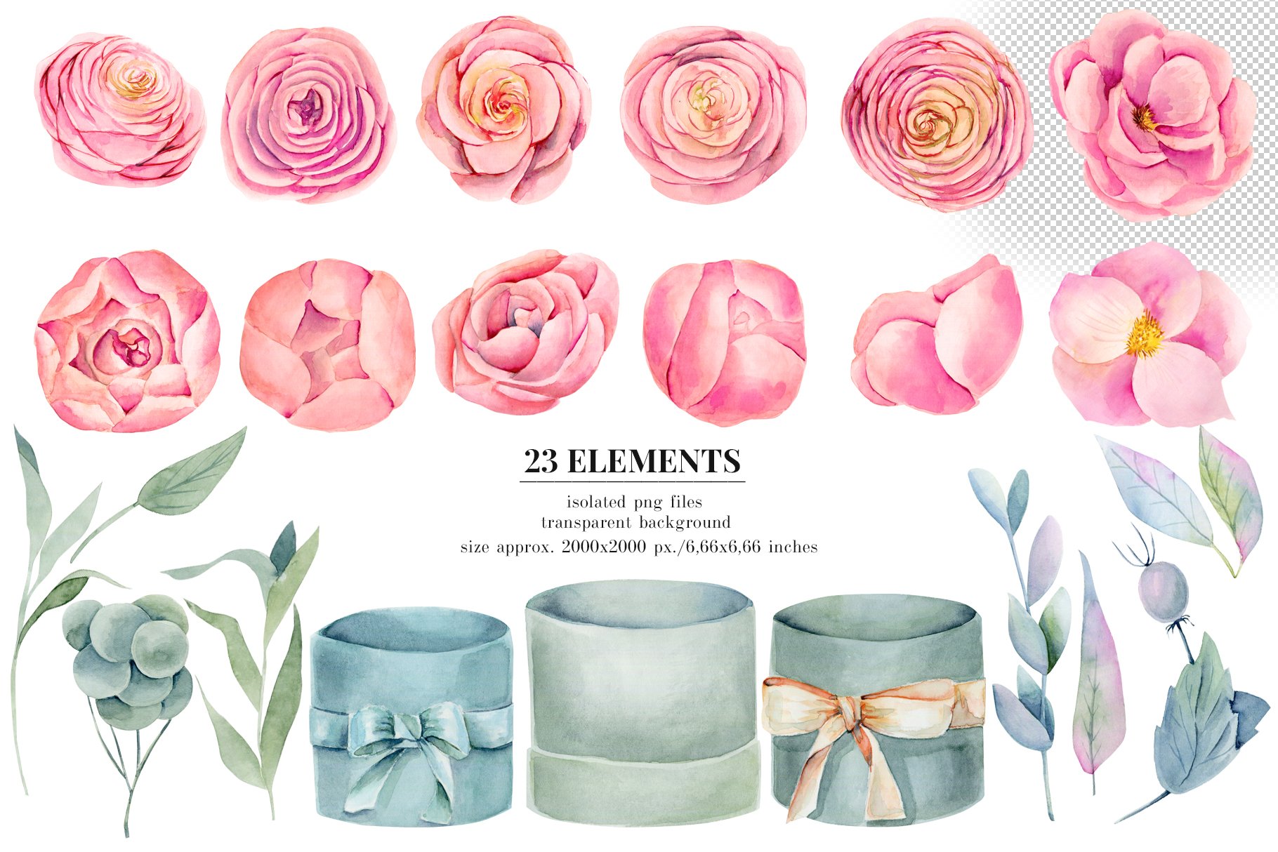 精美鲜花包装盒手绘水彩画PNG免抠图片设计素材 Floral Boxes. Watercolor Floral Elements_img_2