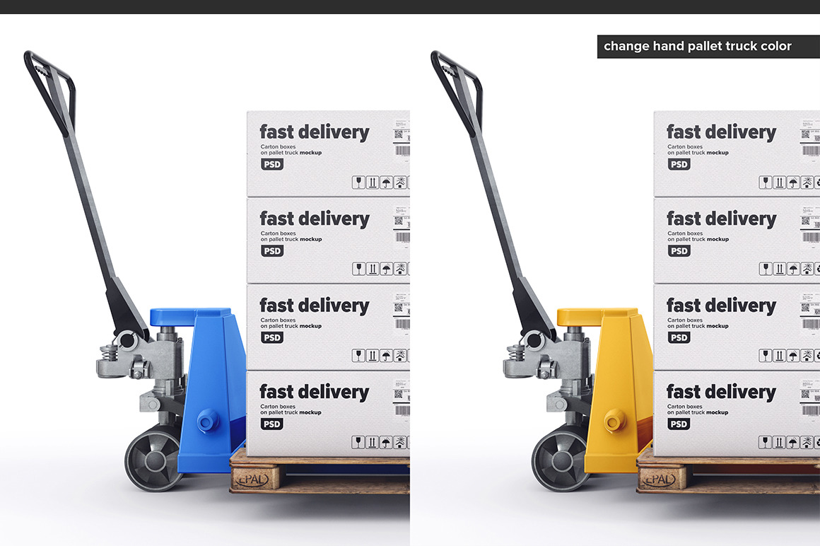 托盘车叉车上纸箱设计展示贴图样机 Carton Boxes On Pallet Truck Mockup_img_2