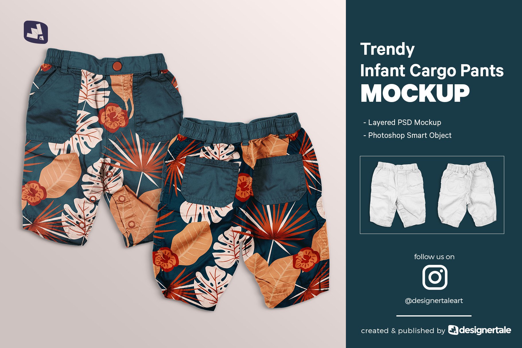 时尚婴儿工装短裤图案印花设计贴图样机 Trendy Infant Cargo Pants Mockup_img_2