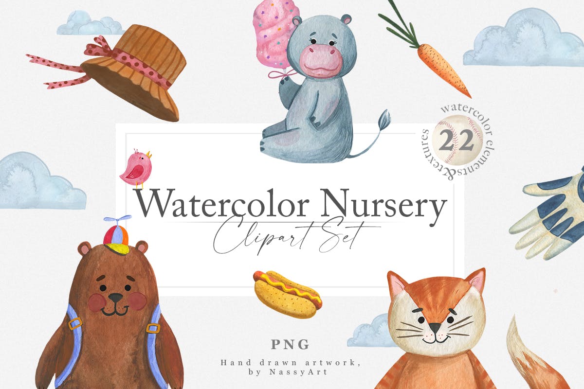 可爱卡通生日主题水彩动物手绘剪贴画设计素材 Watercolor Nursery Clipart Animals_img_2