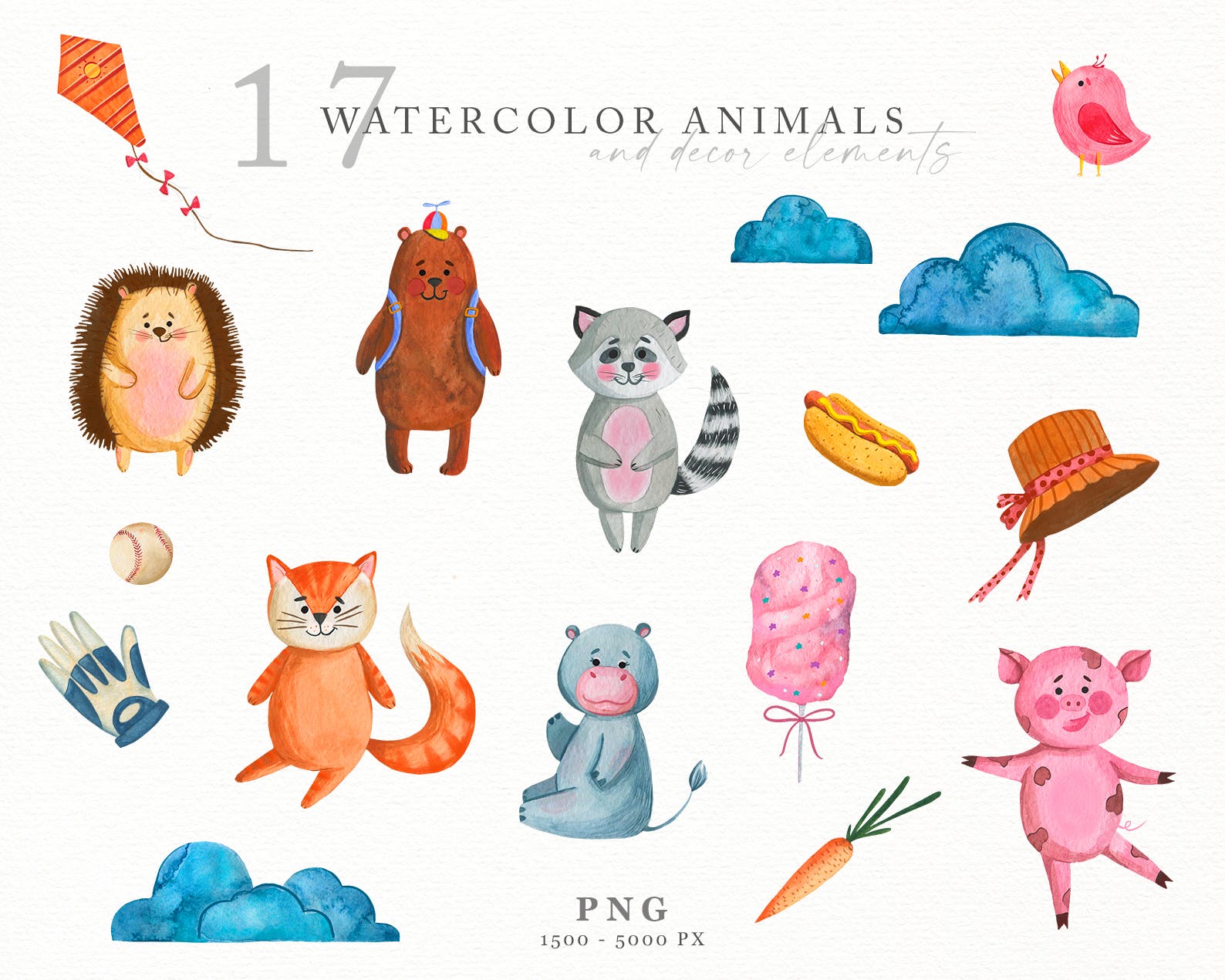 可爱卡通生日主题水彩动物手绘剪贴画设计素材 Watercolor Nursery Clipart Animals_img_2