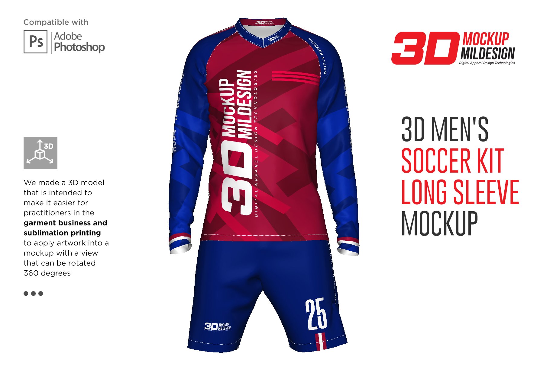 3D男士足球套件长袖球服印花图案设计动态展示样机模板 3D Mens Soccer Kit Long Sleeve_img_2