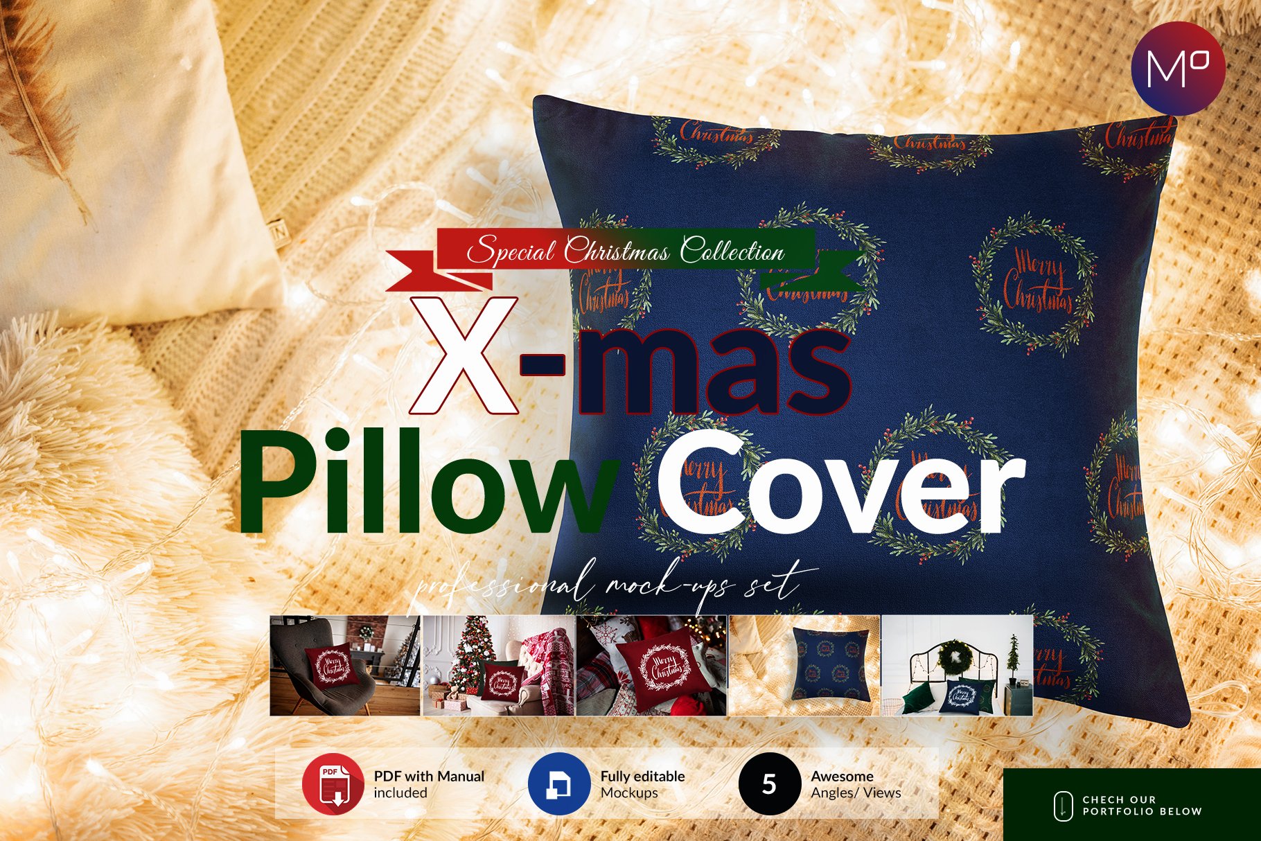 时尚圣诞节抱枕枕头套印花图案设计展示样机 Christmas Pillow Cover Mockups Set_img_2