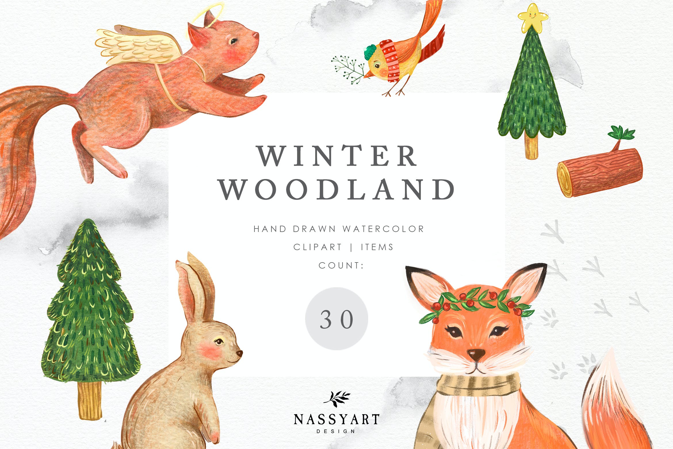 30款高清可爱动物圣诞节装饰品手绘水彩画PNG免抠图片素材 Watercolor Woodland Animal Clipart_img_2